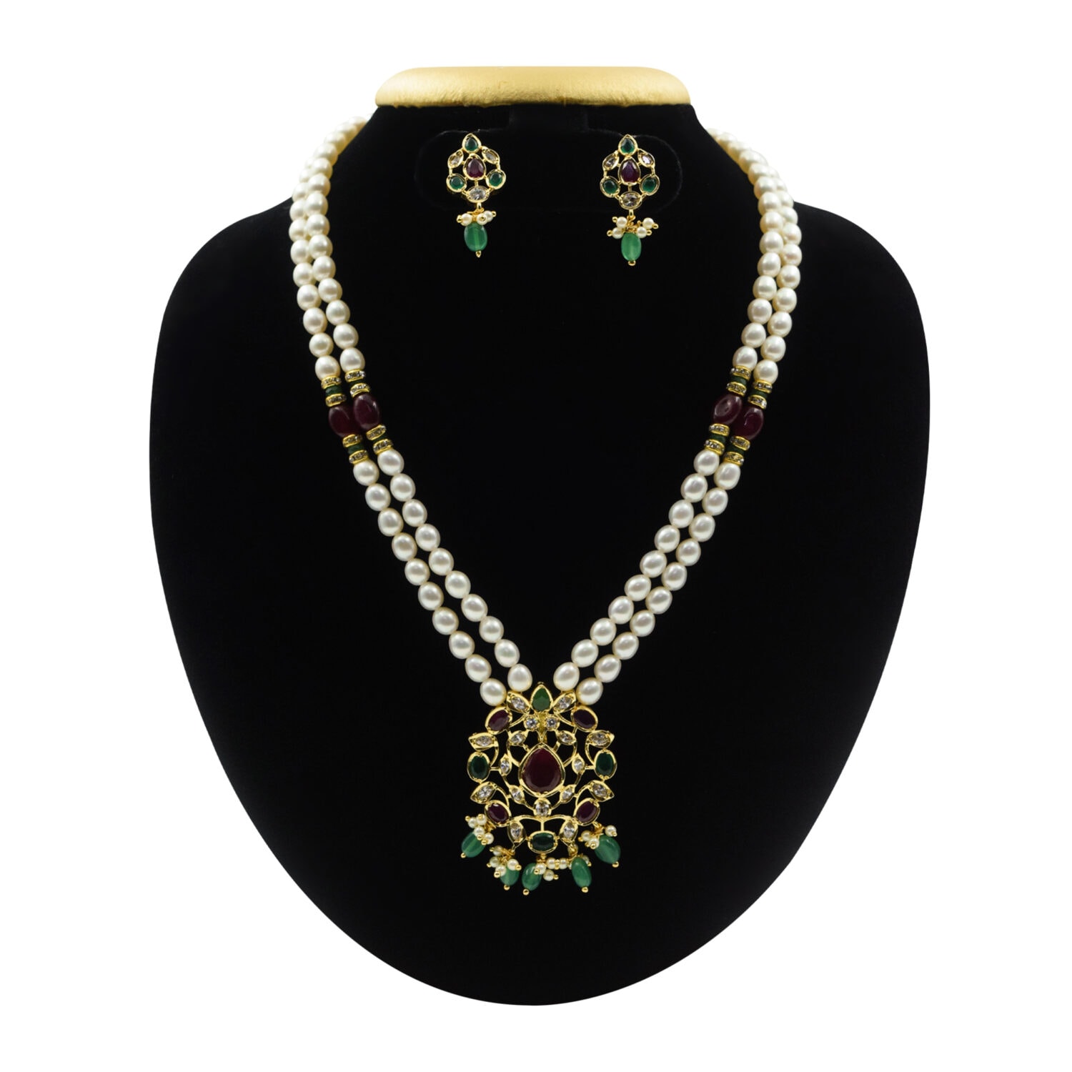 Exemplary 2Row White Oval Pearl Necklace With AD Pendant