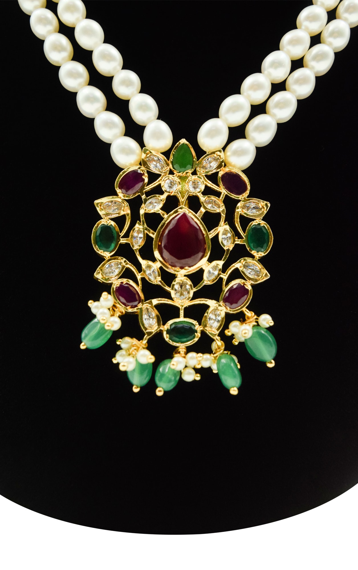 Exemplary 2Row White Oval Pearl Necklace With AD Pendant - Image 2