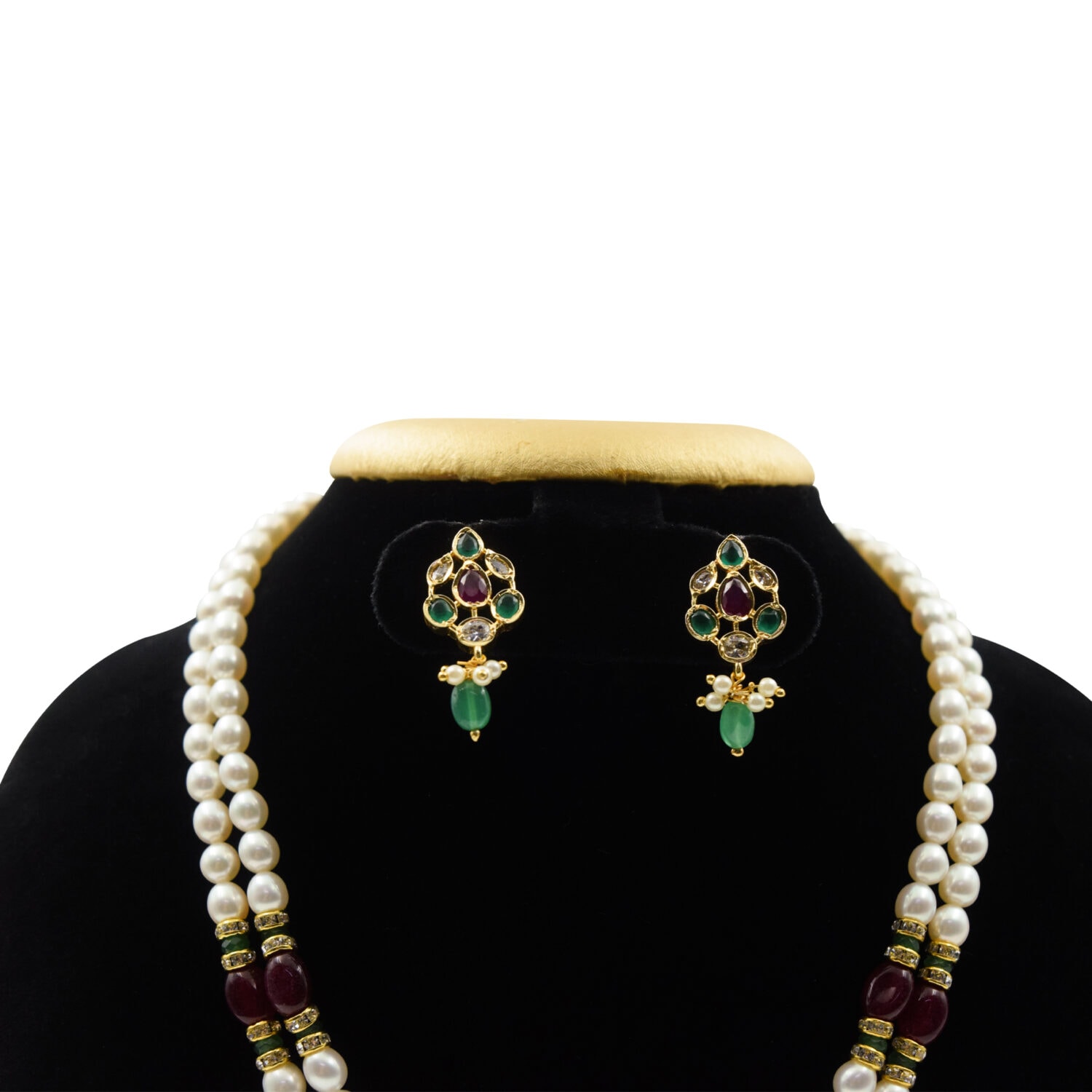 Exemplary 2Row White Oval Pearl Necklace With AD Pendant - Image 3