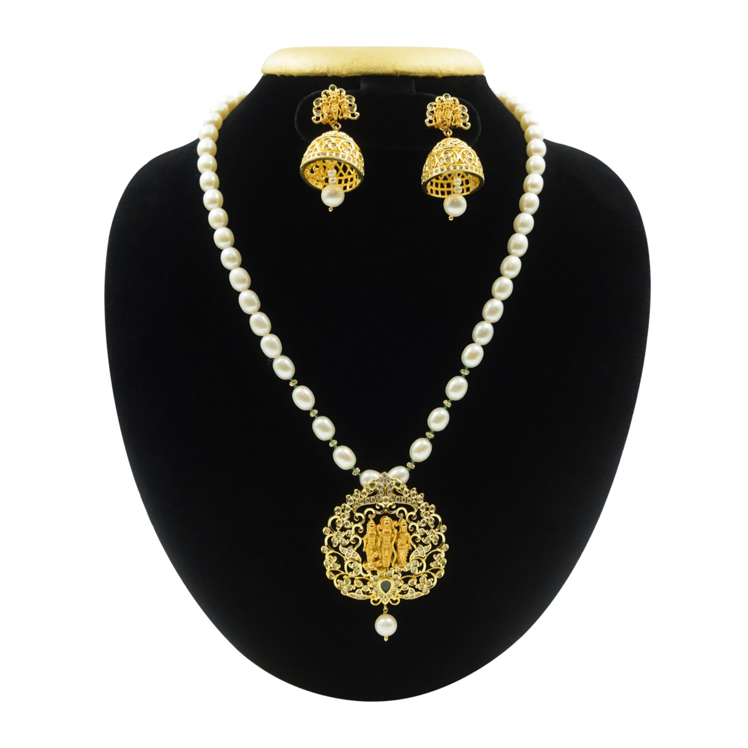 Glorious White Pearls Mala With Divine Ram Darbar Pendant