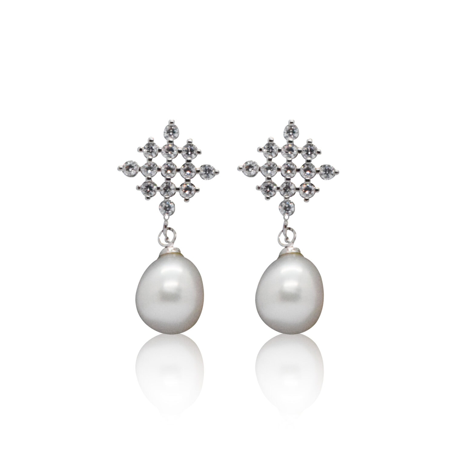 Glitzy Geometric CZ Studs With White Oval Drops