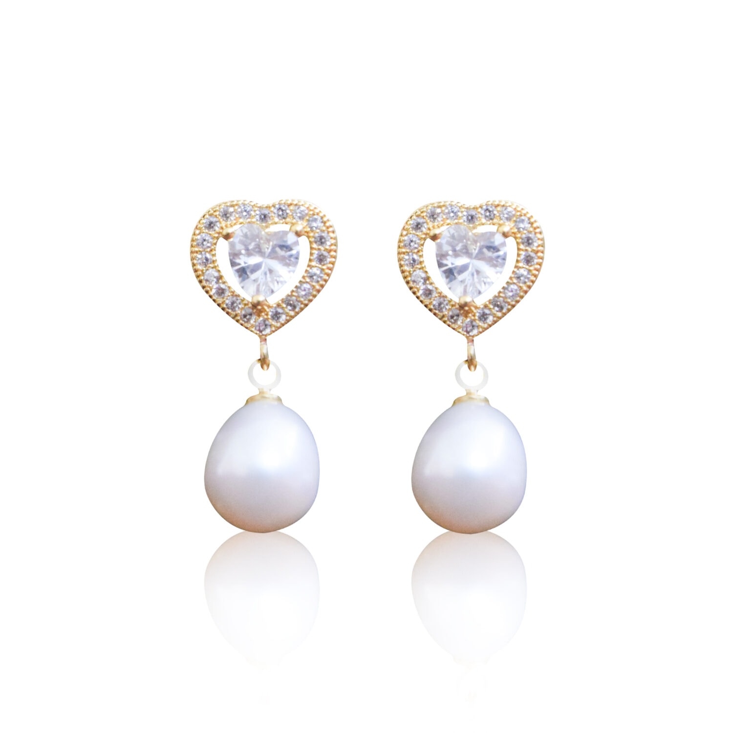Heart Shaped CZ Studs With White Oval Pearl Drop