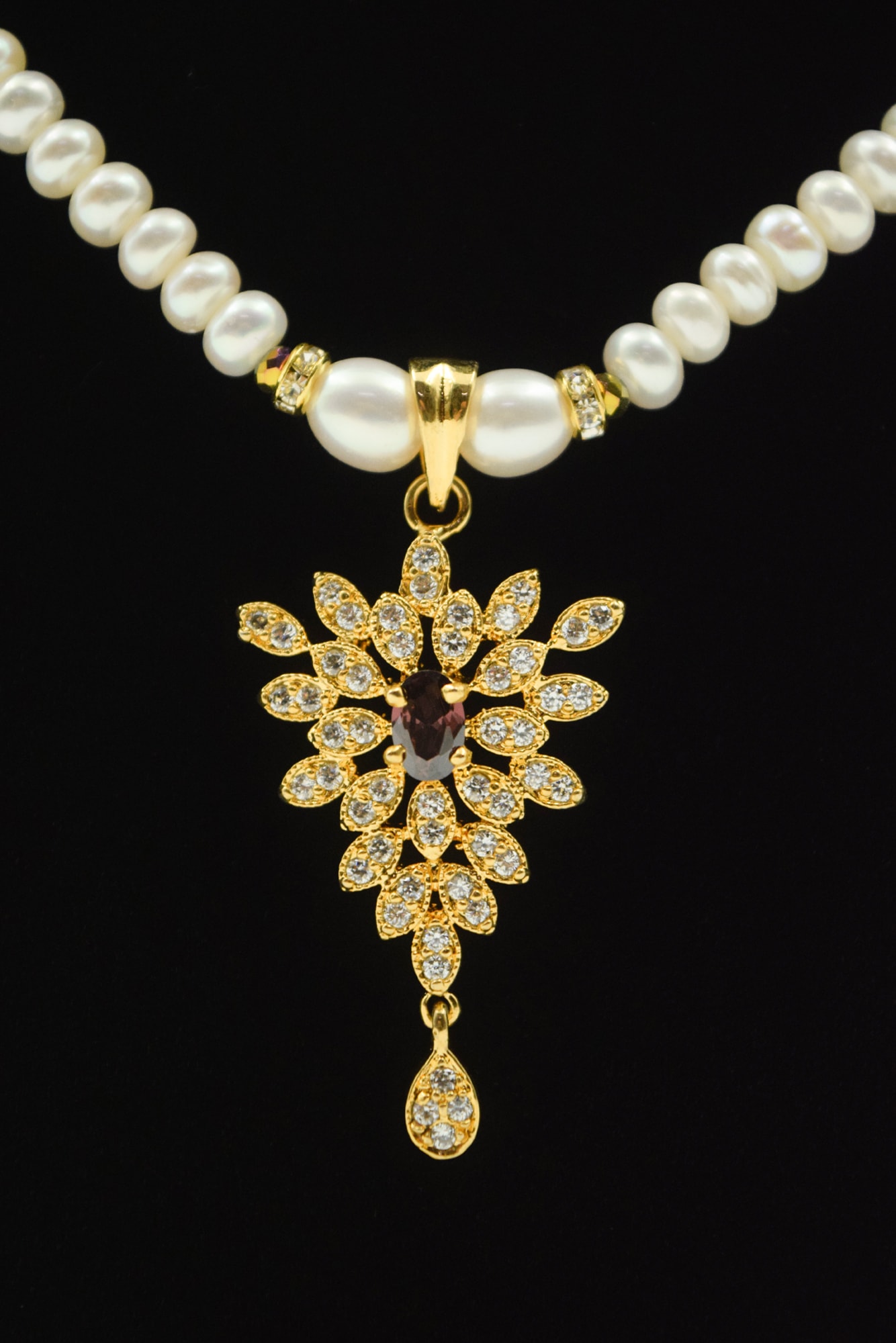 Radiant White Pearls Necklace With Pretty CZ & Amethyst Pendant - Image 2