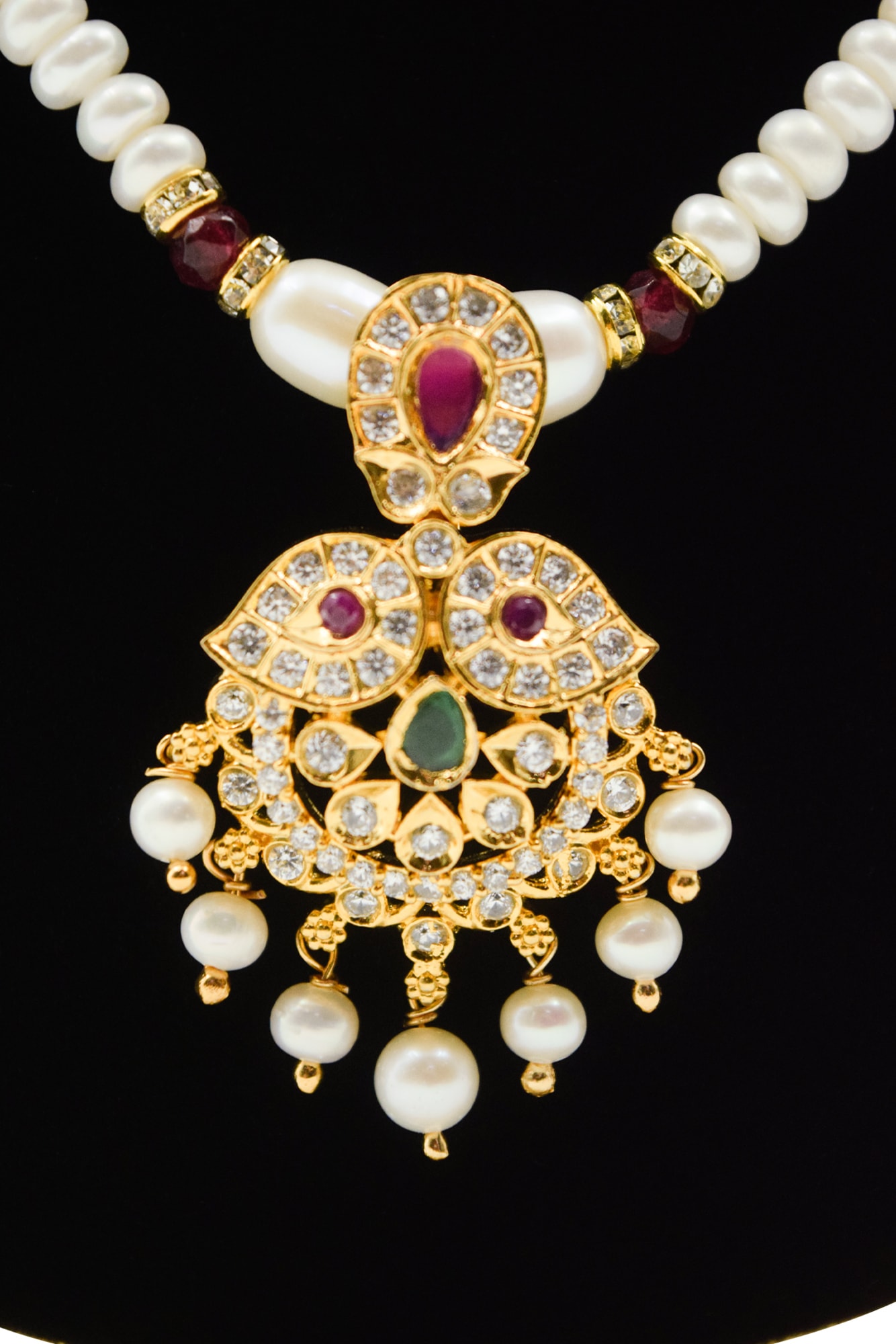 Beautiful White Pearls Necklace With Traditional AD Pendant - Image 2
