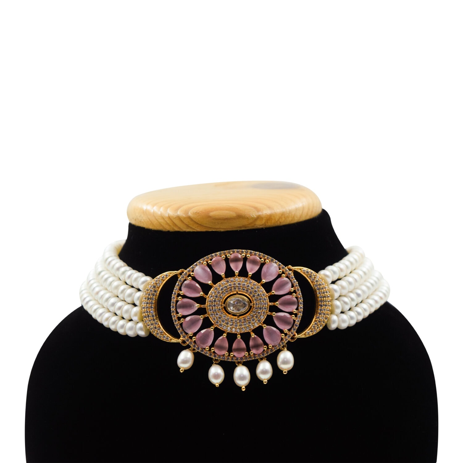 Bold & Beautiful White Pearls Multi-line Choker With Pink Quartz Pendant - Image 3