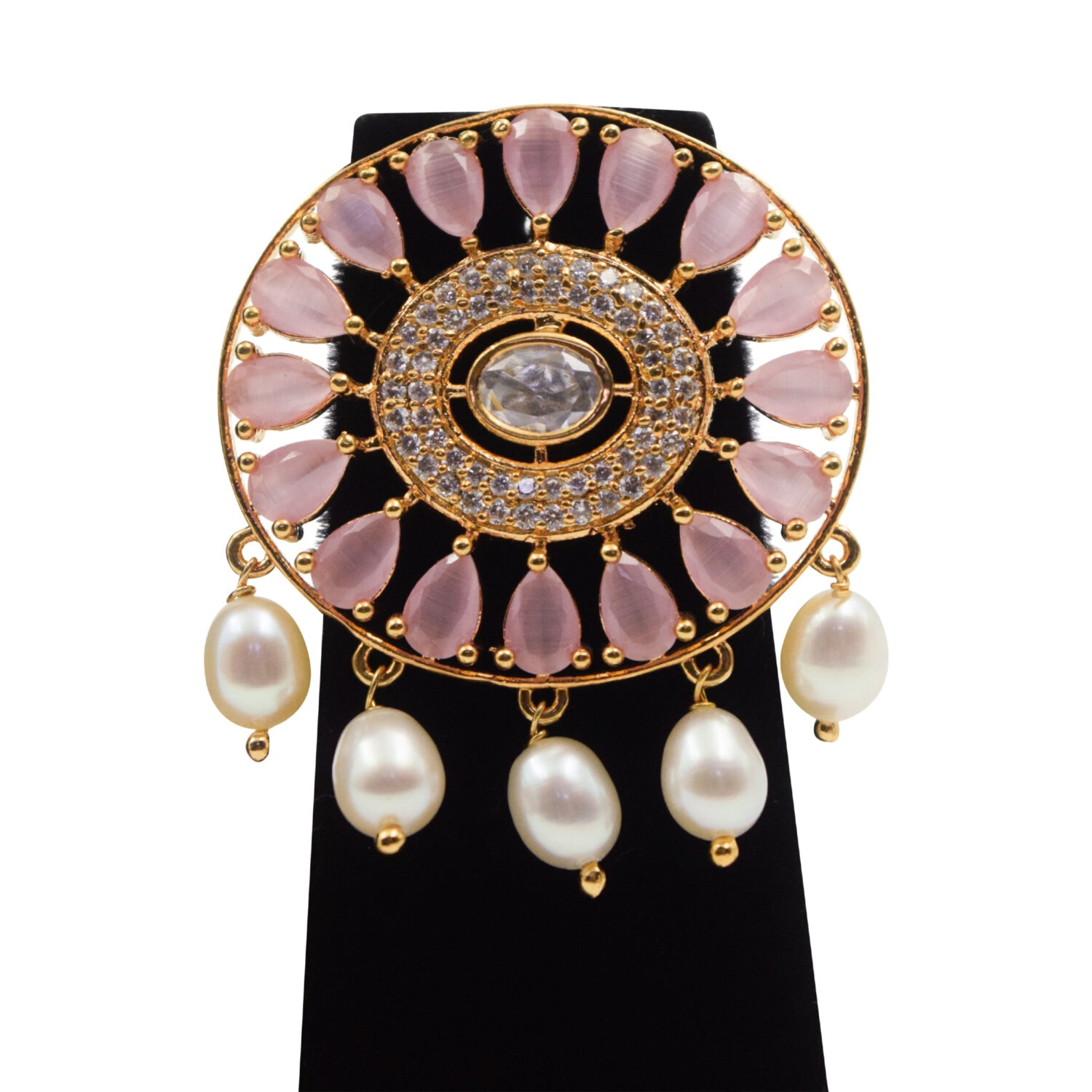 Bold & Beautiful White Pearls Multi-line Choker With Pink Quartz Pendant - Image 2