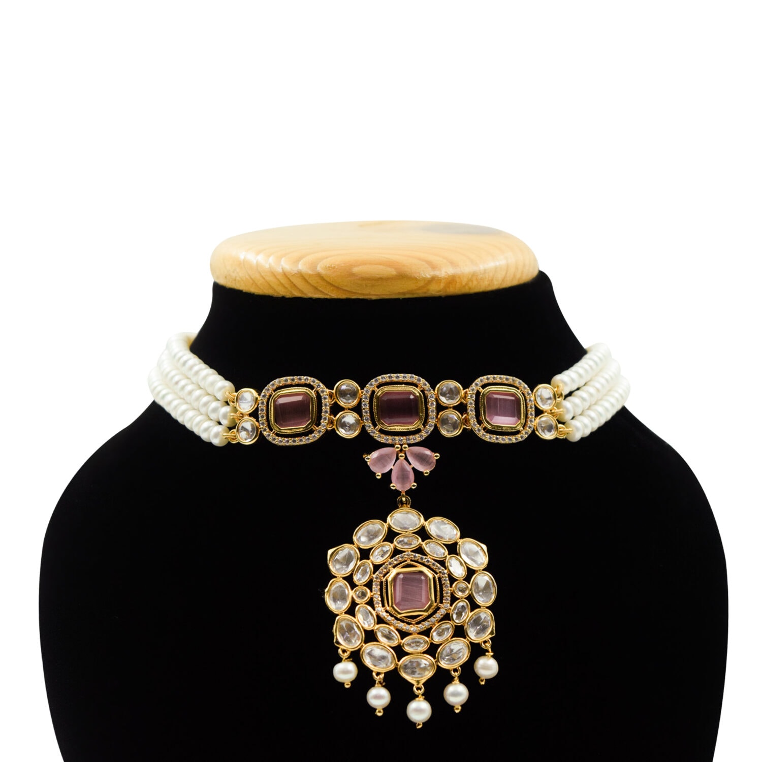 Lovely White Pearls Triple-line Choker With Pink Quartz & Polki Pendant - Image 2