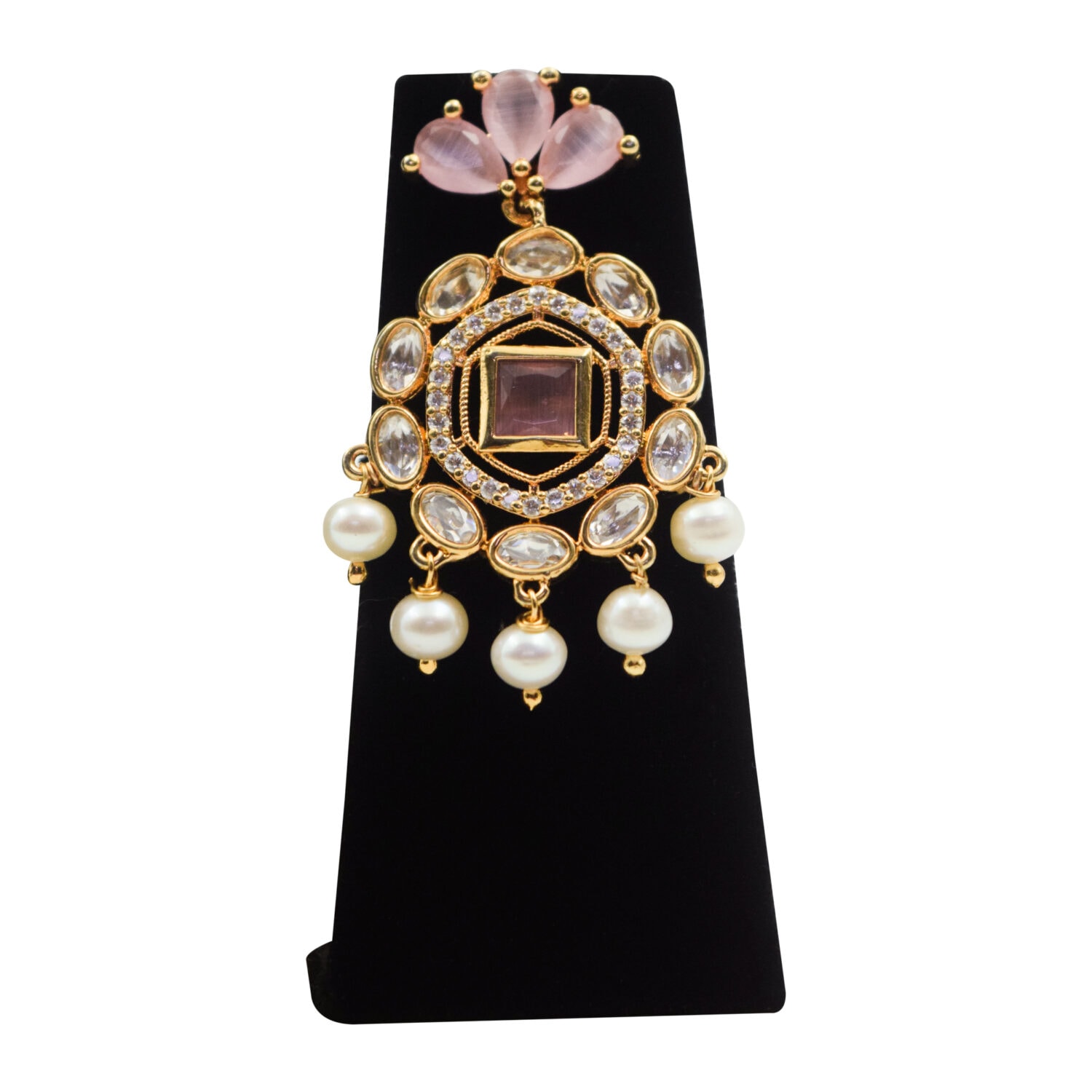 Lovely White Pearls Triple-line Choker With Pink Quartz & Polki Pendant - Image 3