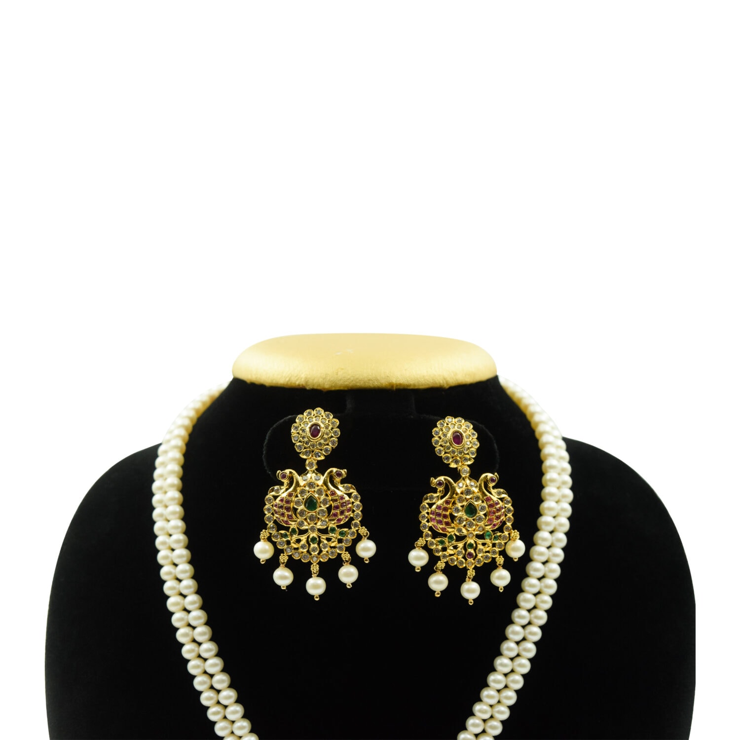Ethereal White Round Pearl Necklace With Peacock Pendant - Image 2