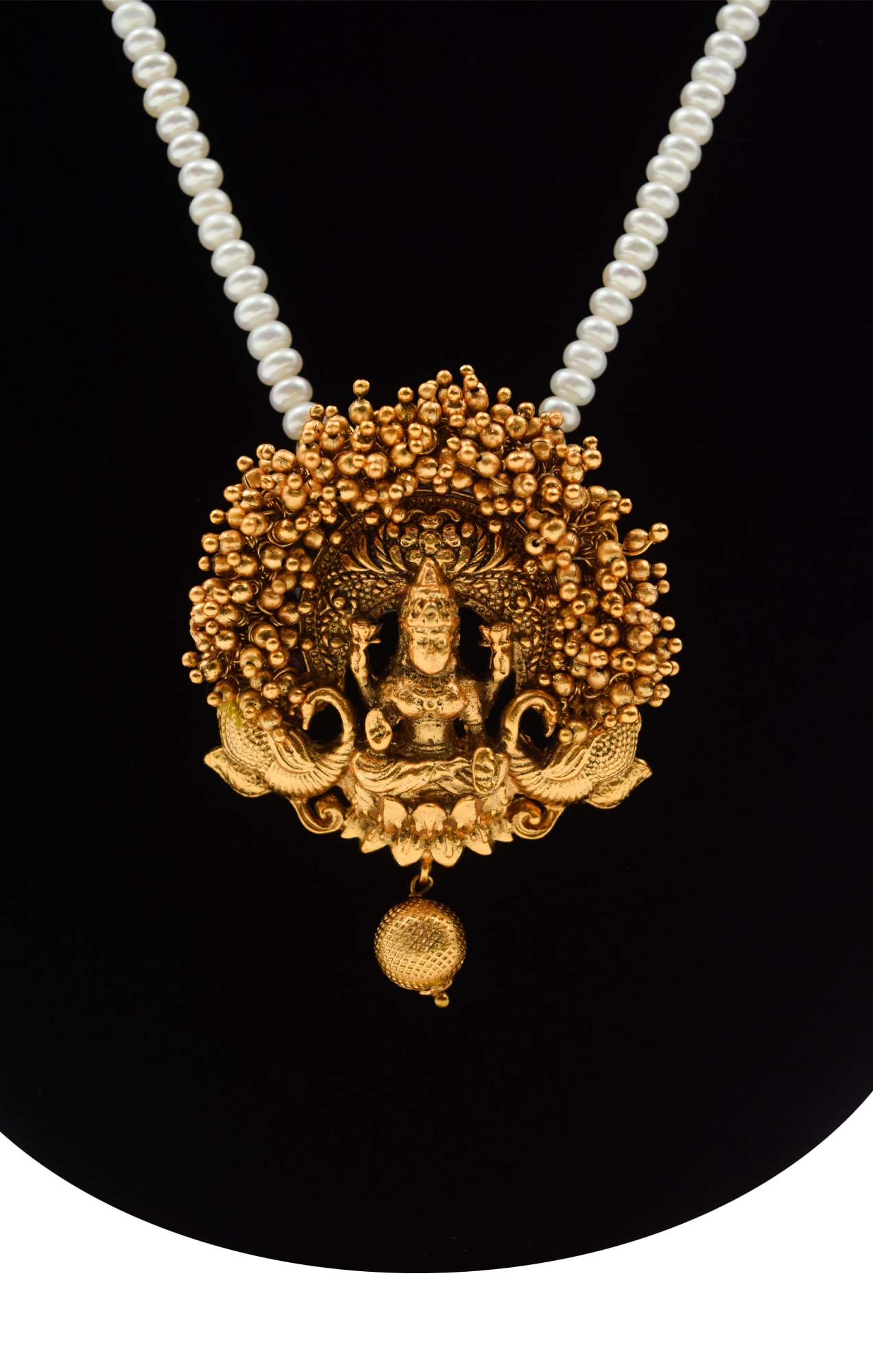 Divine White Pearls Necklace With Golden Matt Lakshmi Pendant - Image 2