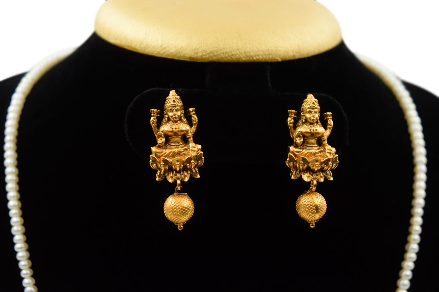 Divine White Pearls Necklace With Golden Matt Lakshmi Pendant - Image 3