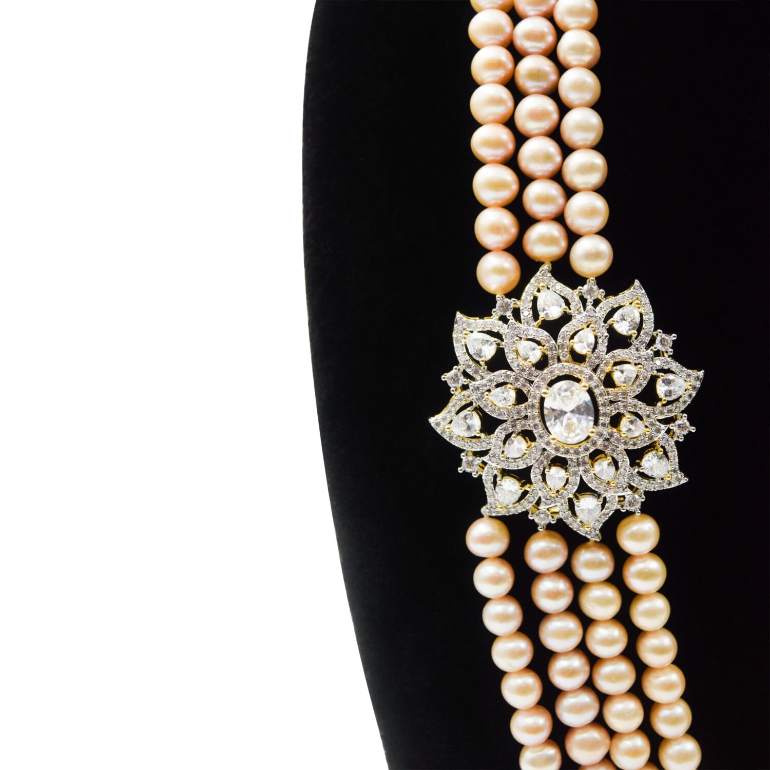 Exquisite Multi-Line Pink Pearls Haar With Sparkling CZ Side Pendants - Image 2