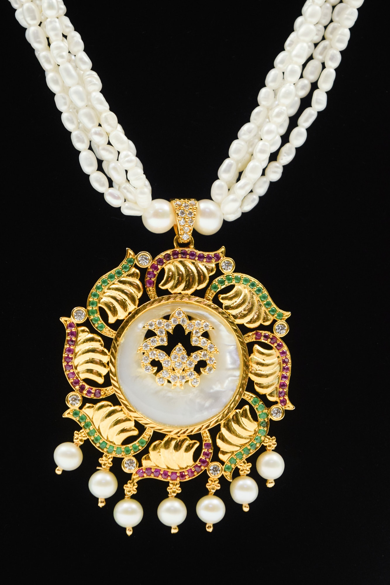 Glorious White Rice Pearl Necklace With MOP Statement Pendant - Image 2