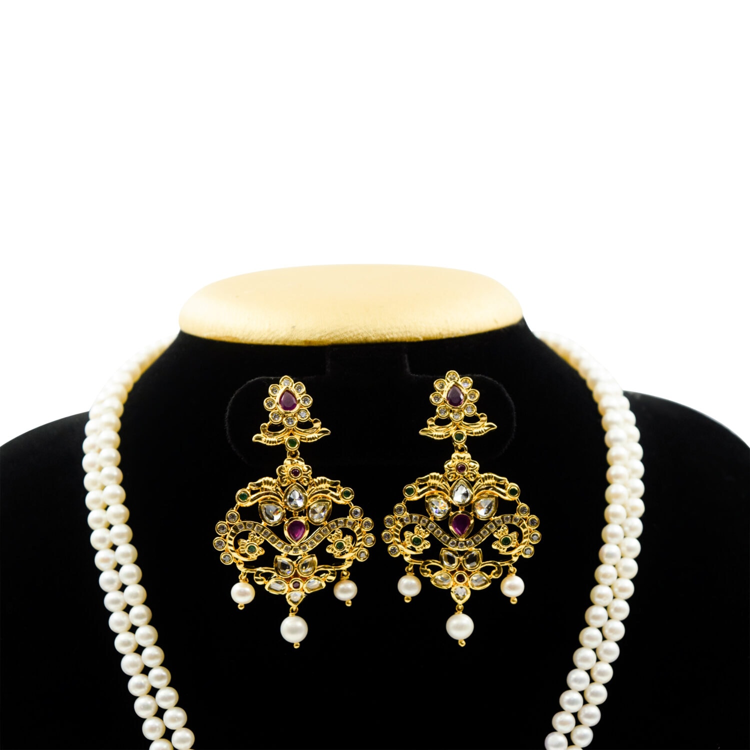 Luxurious Dual Row White Pearl Necklace With Traditional Pendant - Image 2