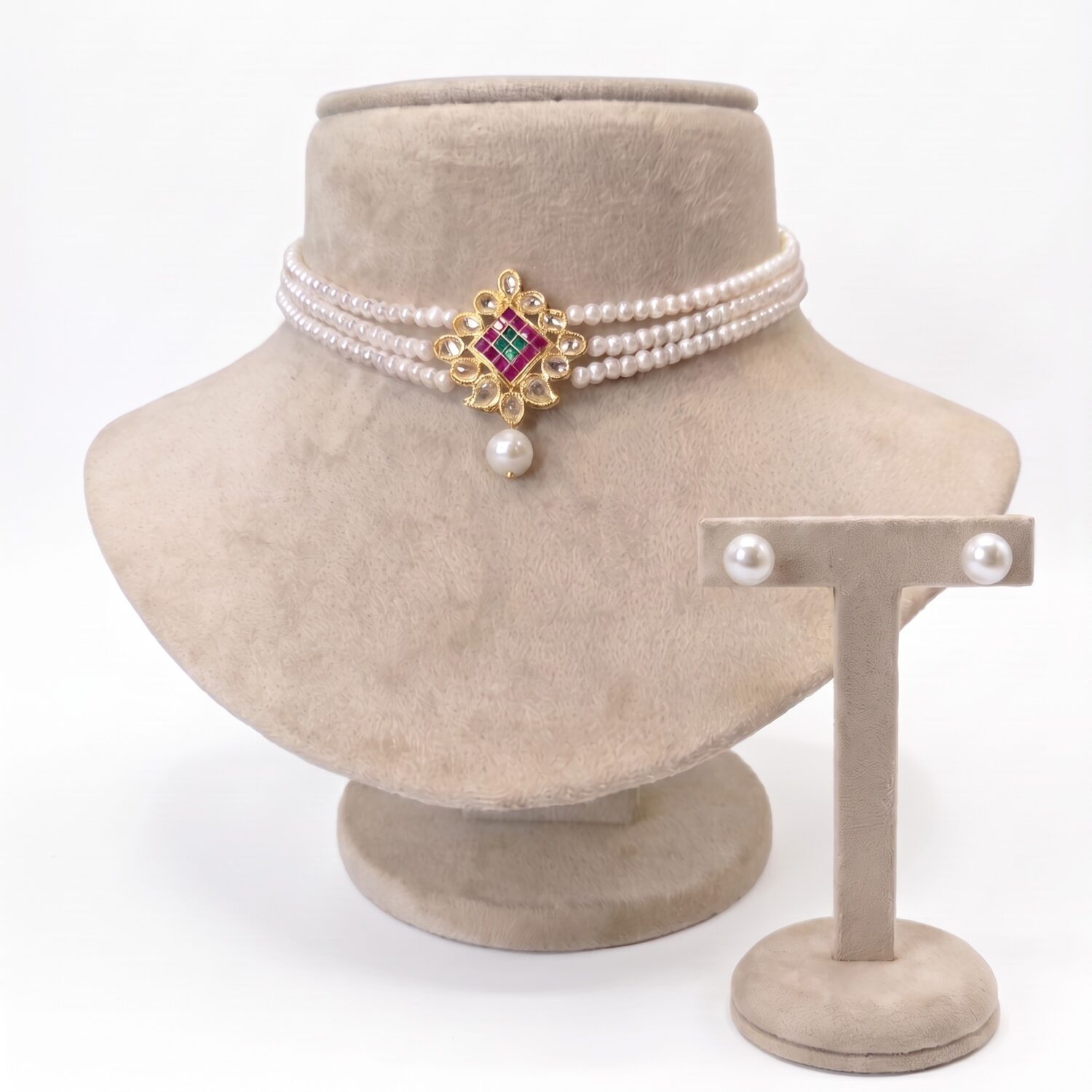 Elegant White Semi-round Pearl Choker With Polki Pendant