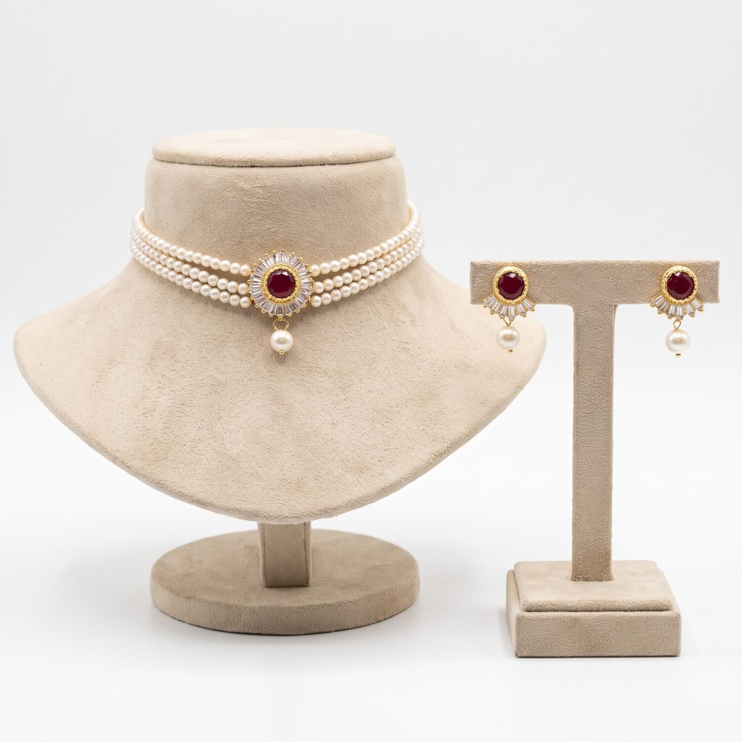 Splendid White Round Pearl Choker With CZ & SP Ruby Pendant