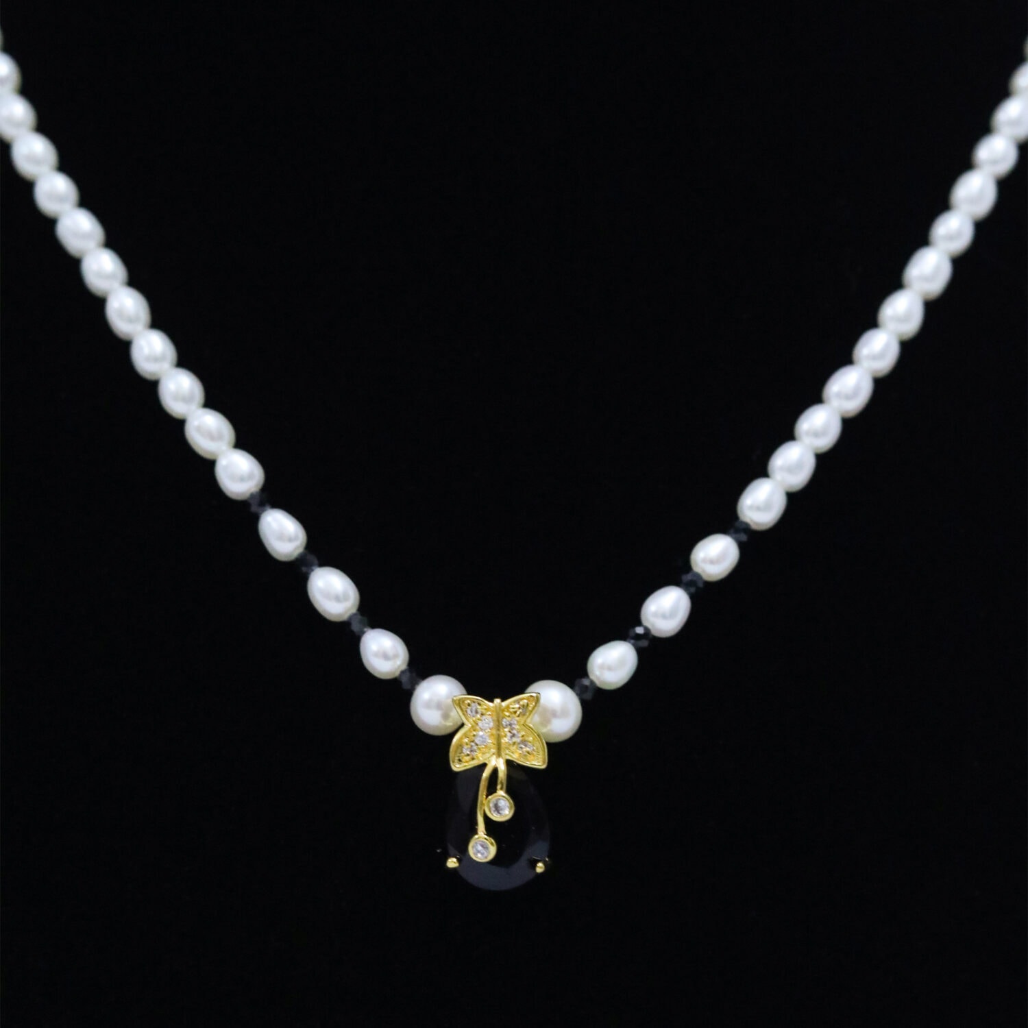 Simple White Pearls With Cute Black Onyx & CZ Butterfly Pendant - Image 2