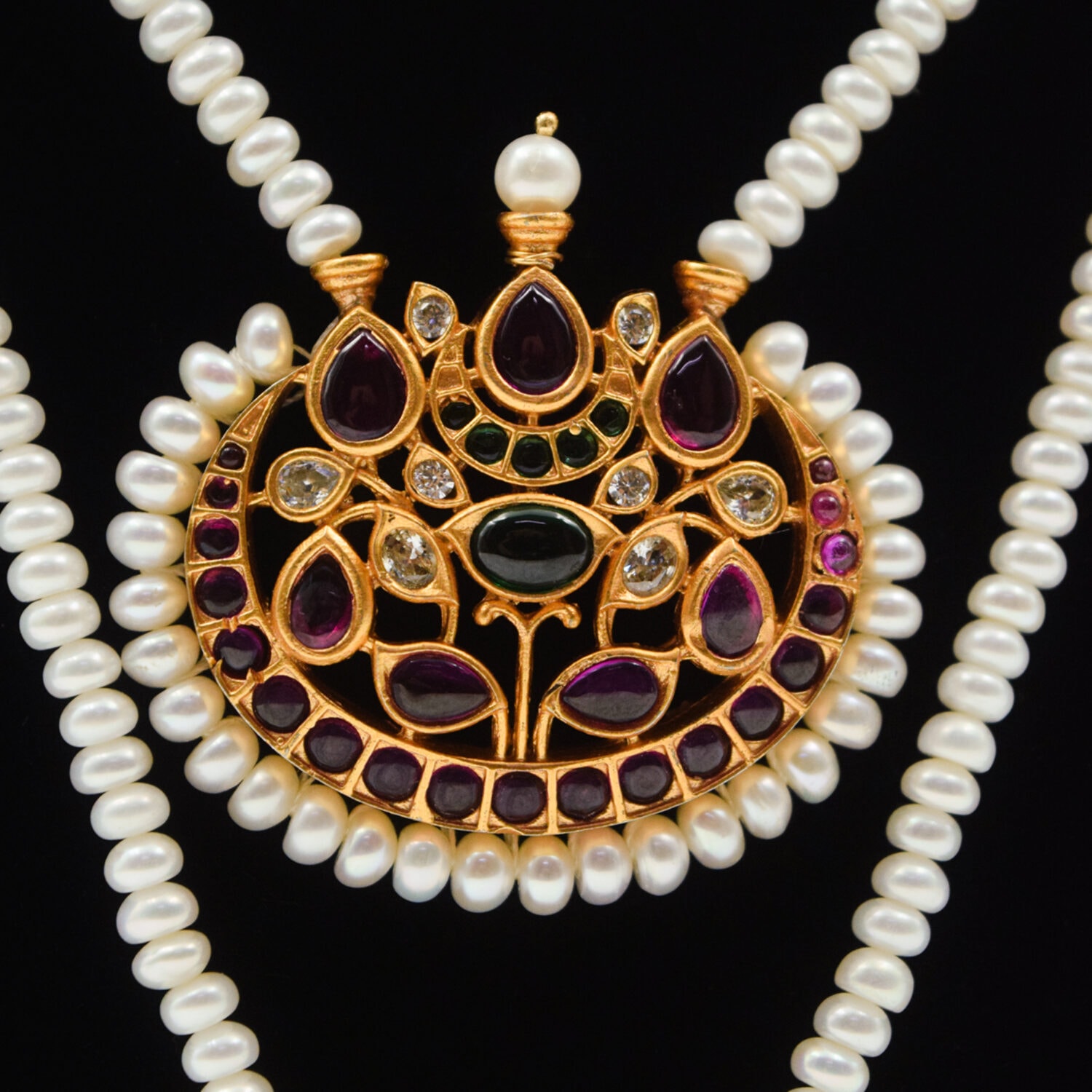Magnificent 2 Layer White Pearl Long Necklace With Kemp Pendants - Image 3