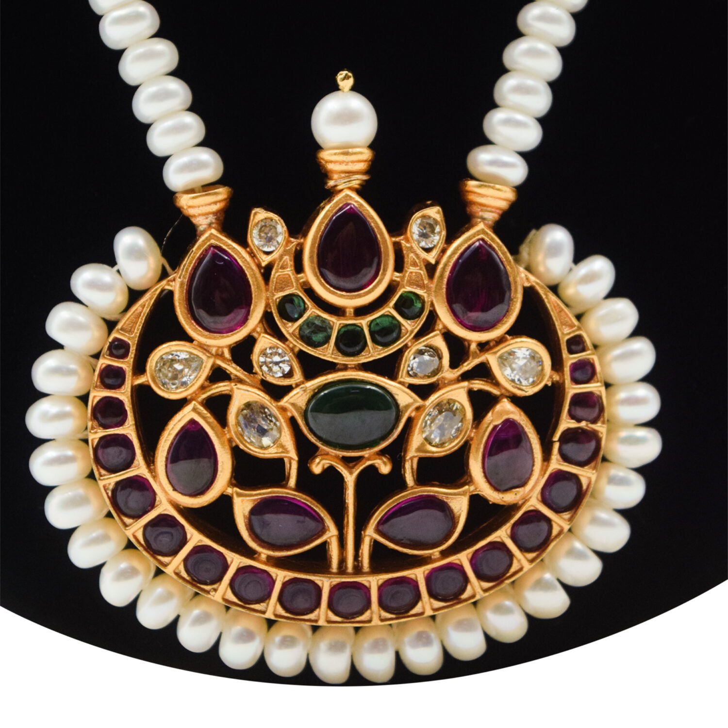 Magnificent 2 Layer White Pearl Long Necklace With Kemp Pendants - Image 2