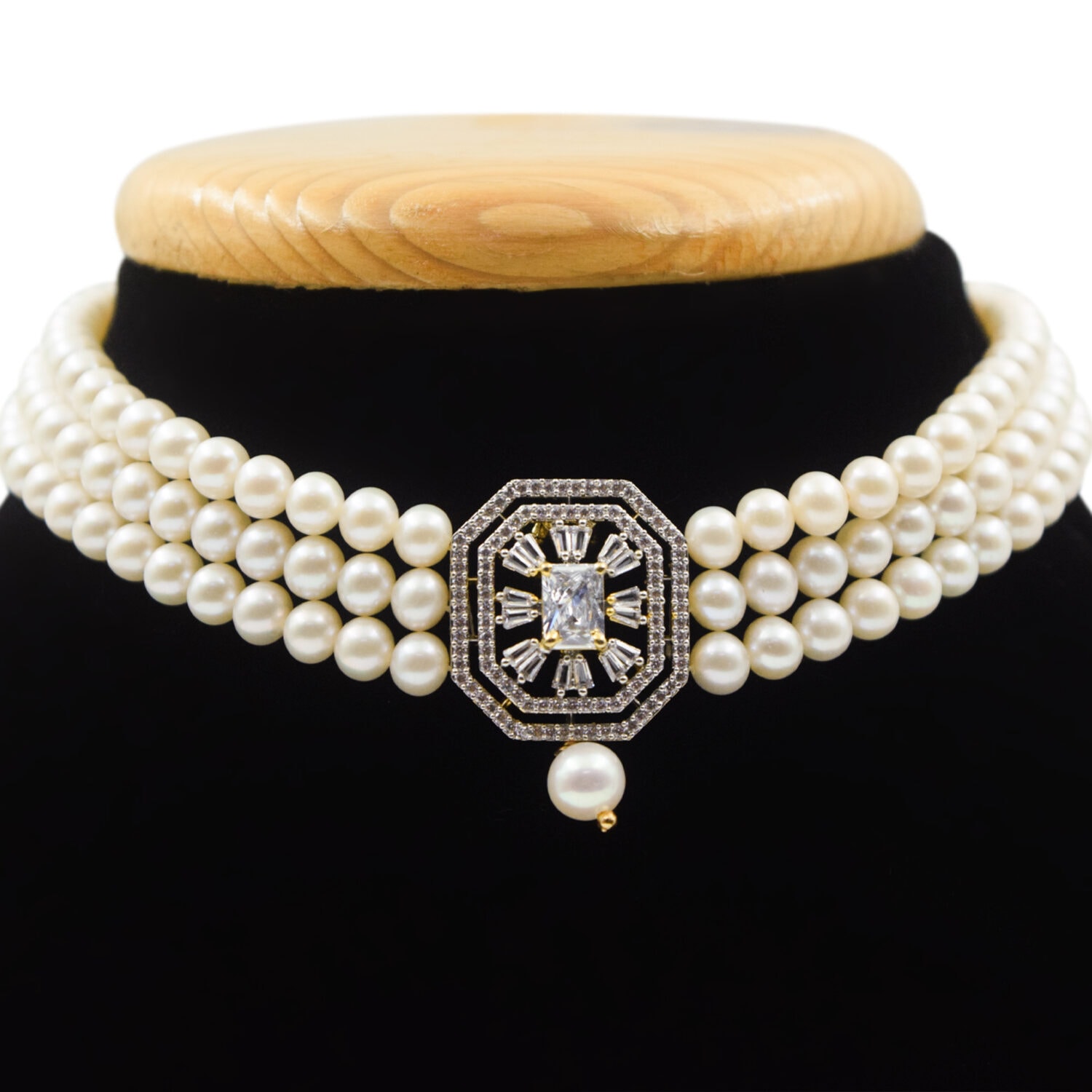 Classic Three Line White Round Pearls Choker With Geometric CZ Pendant - Image 2