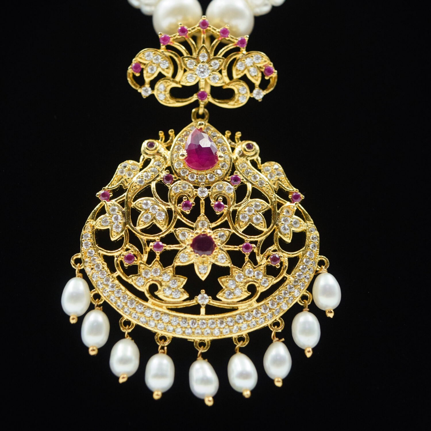 Regal White Rice Pearls Mala With Traditional SP Ruby & CZ Pendant - Image 2