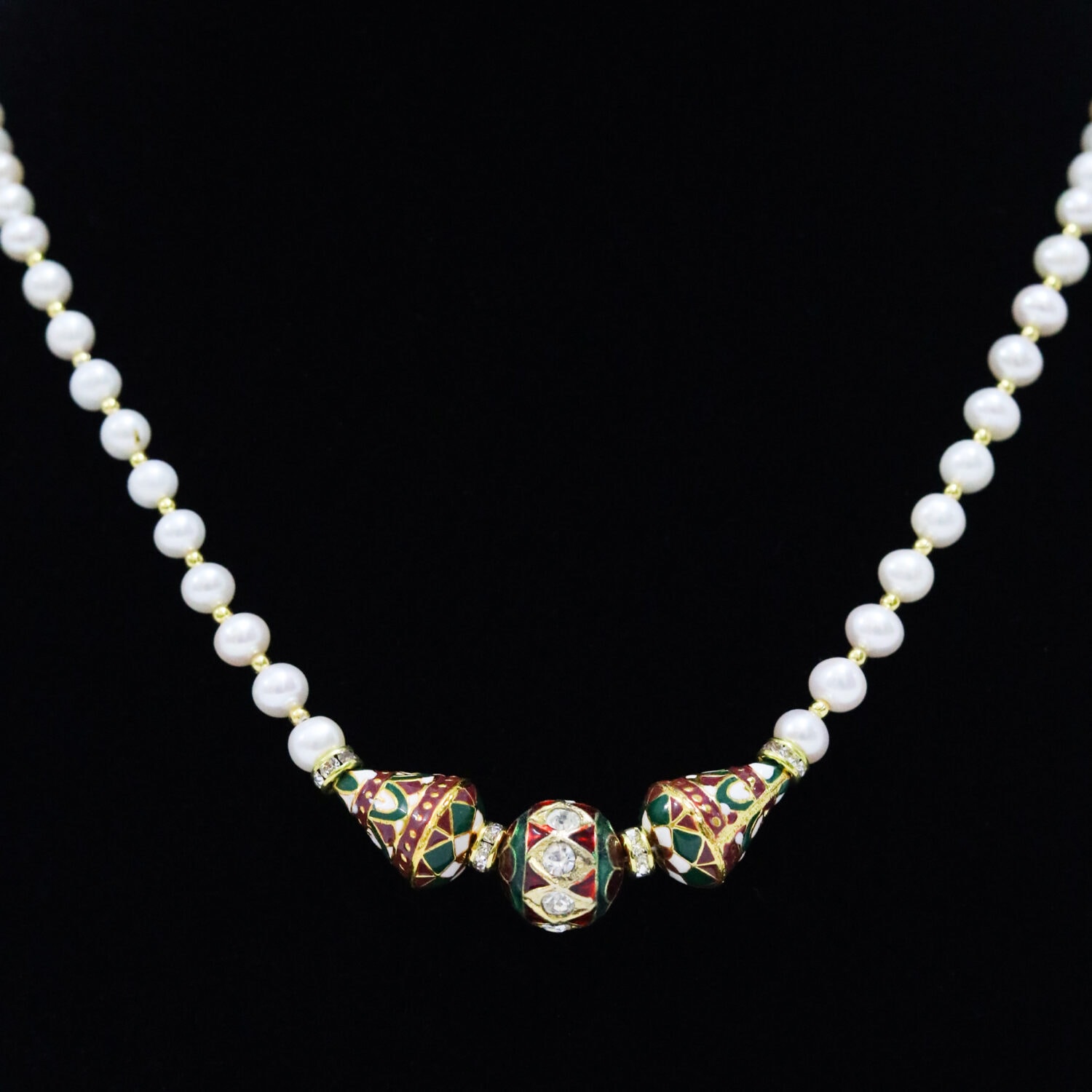 Graceful Semi-Round Pearl Necklace With Meenakari Beads - Image 2