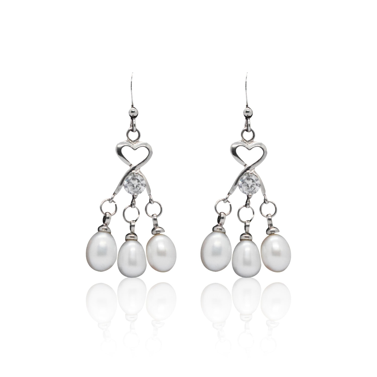 Lovely Hook Earrings Featuring 3 White Oval Pearls & CZ