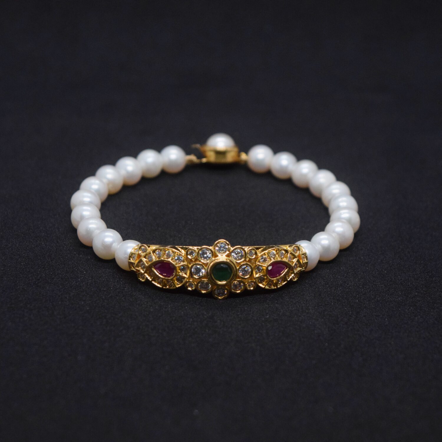 Breathtaking White Pearls Bracelet With Traditional AD Clasp - Image 2