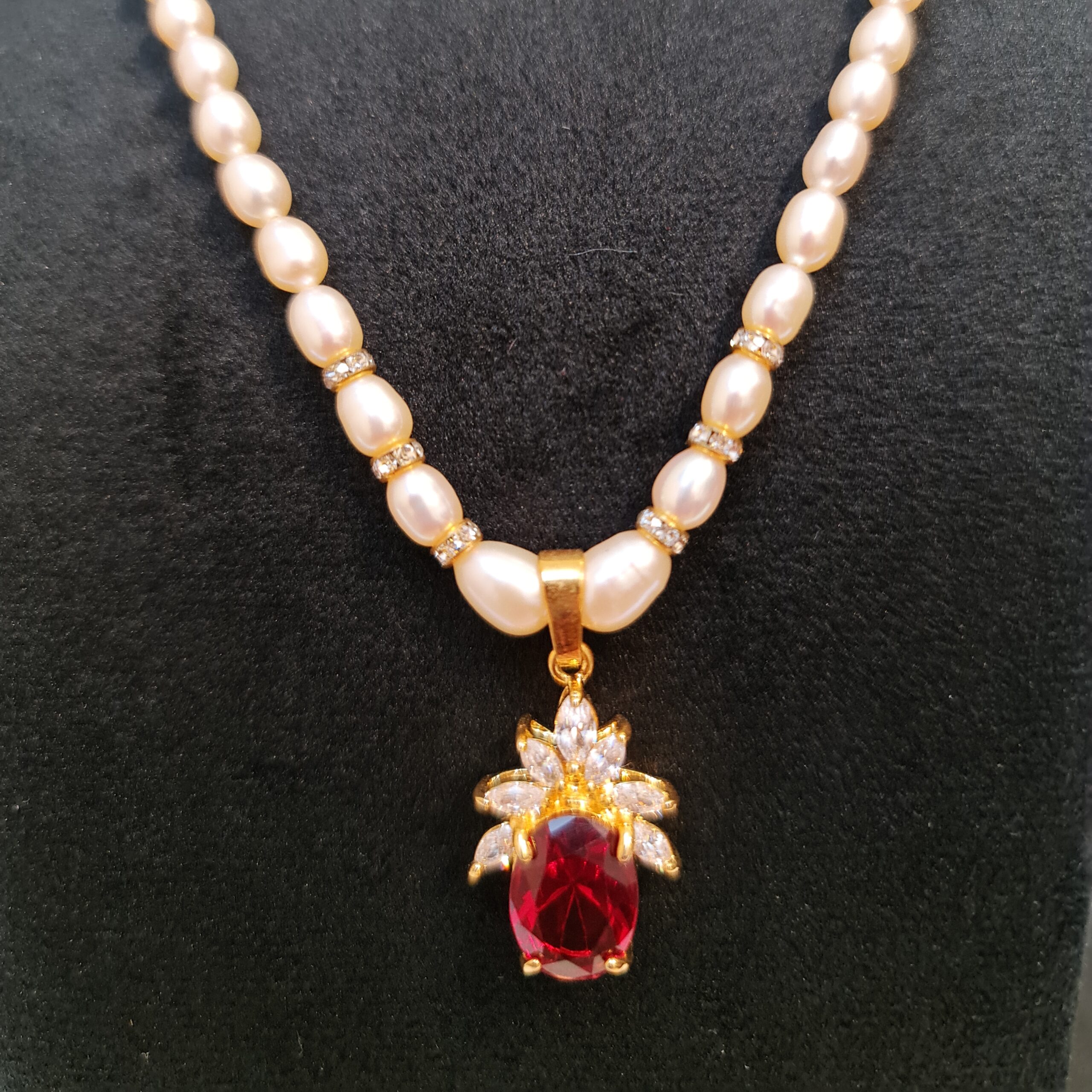Radiant Peach Oval Pearl Necklace With A Bright SP Ruby & CZ Pendant - Image 3