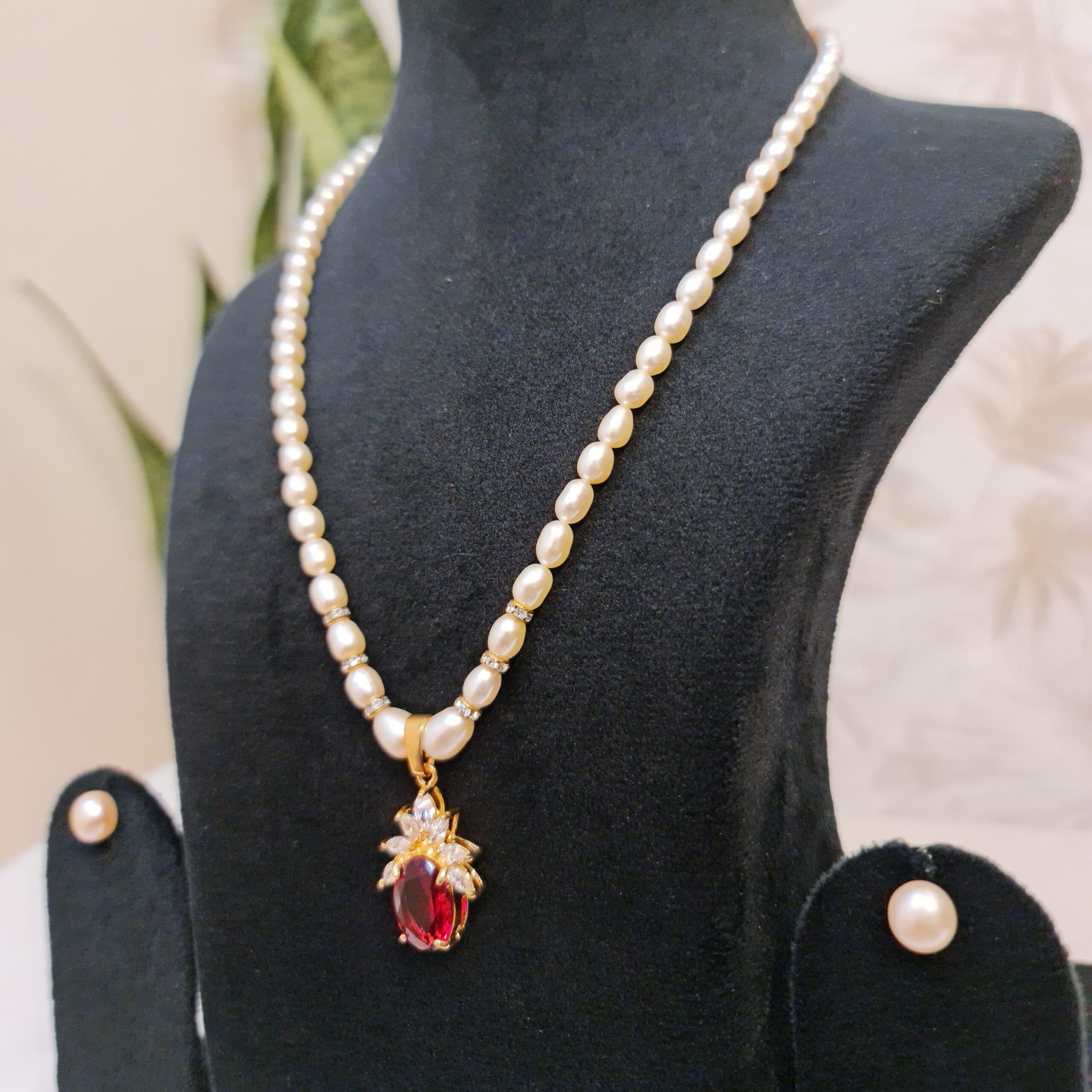 Radiant Peach Oval Pearl Necklace With A Bright SP Ruby & CZ Pendant - Image 2