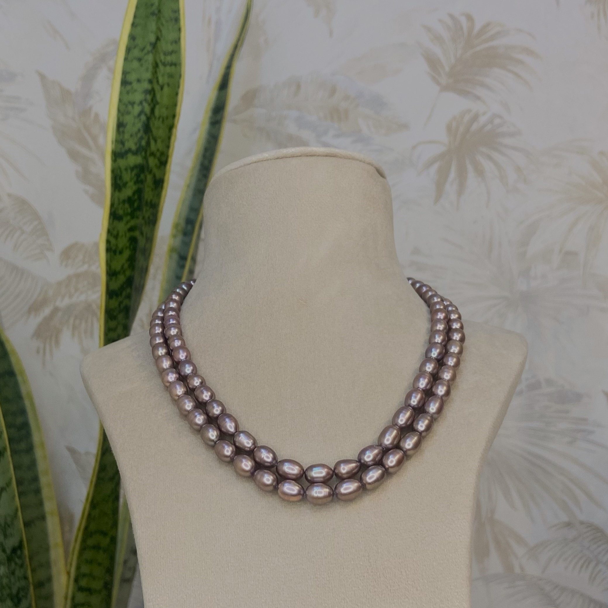 Subtle 6.5mm Rose Taupe Oval Pearls 2Line 19Inch Long Necklace
