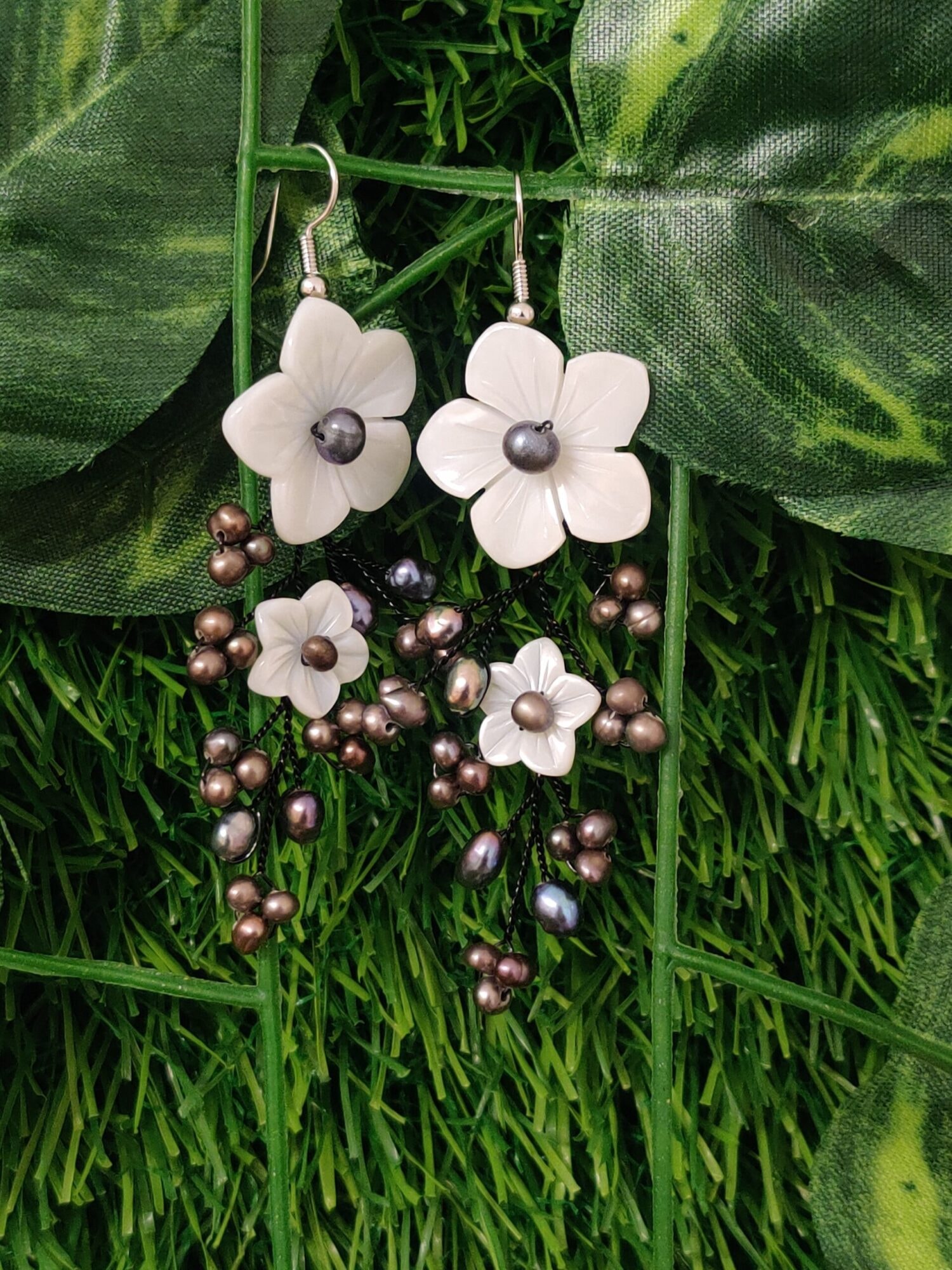 Stark Grey Pearl Hook Earrings Featuring Mother Of Pearl Flowers - Image 2