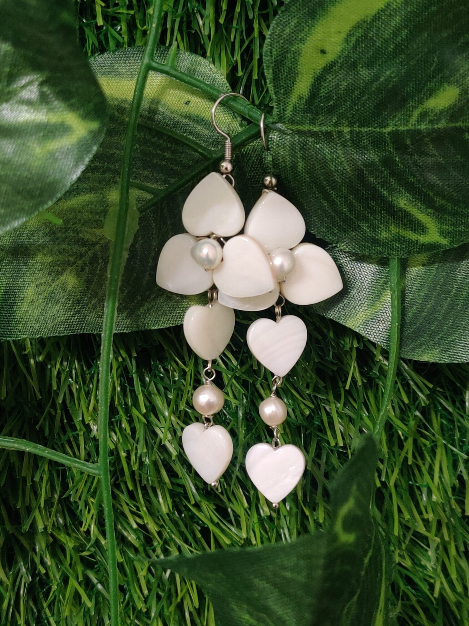White Pearl Hook Earrings Featuring White Mother Of Pearl Petals - Image 2