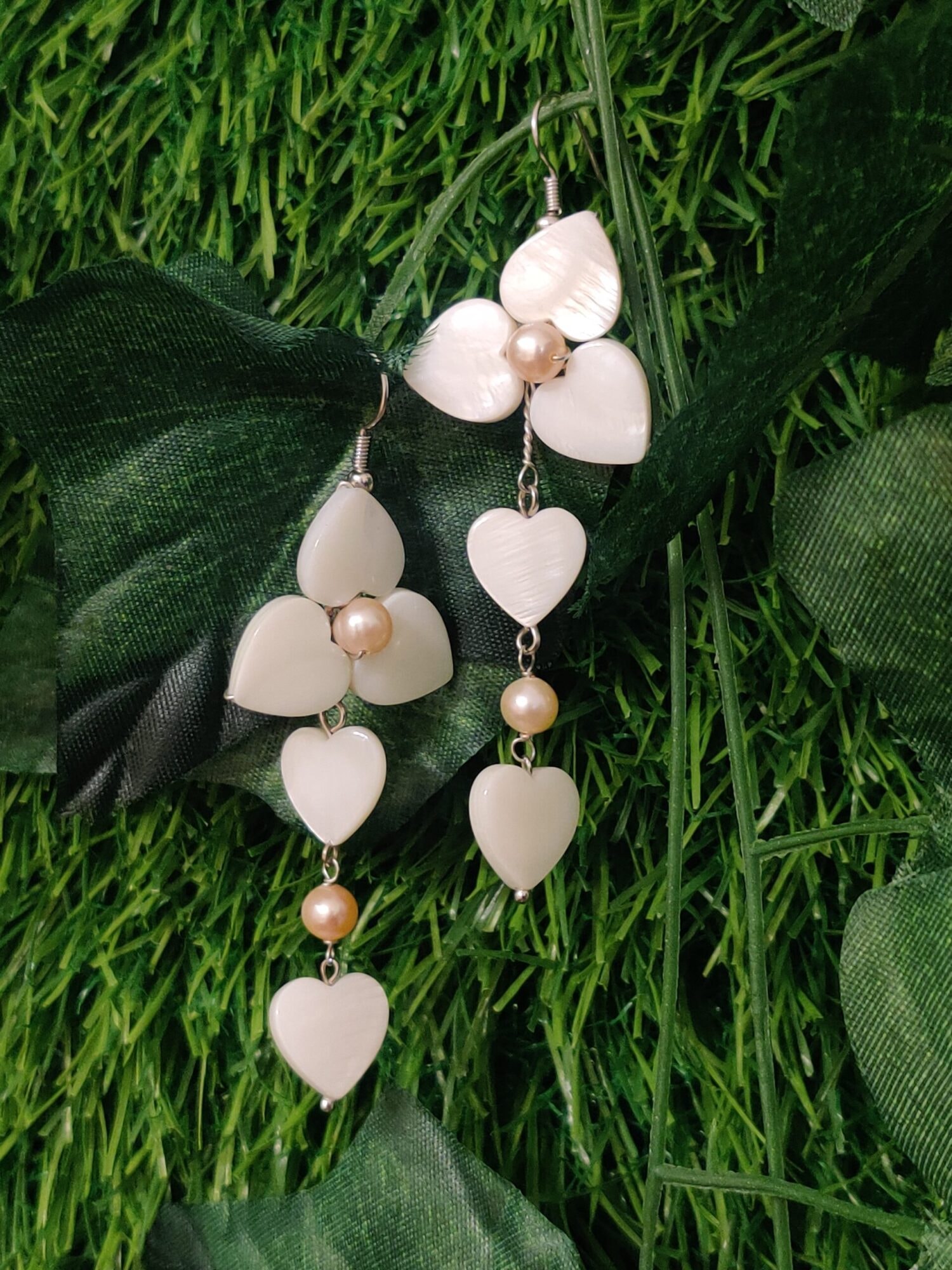 Peach Pearl Hook Earrings Featuring White Mother Of Pearl Petals - Image 2