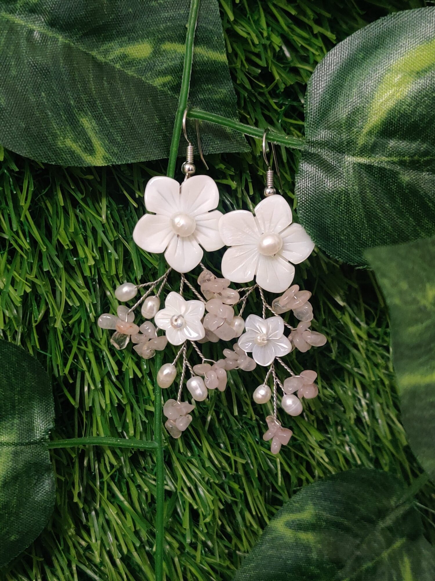 Pretty Pearl Earrings Featuring Mother Of Pearl Flowers & Baby Pink Quartz - Image 2