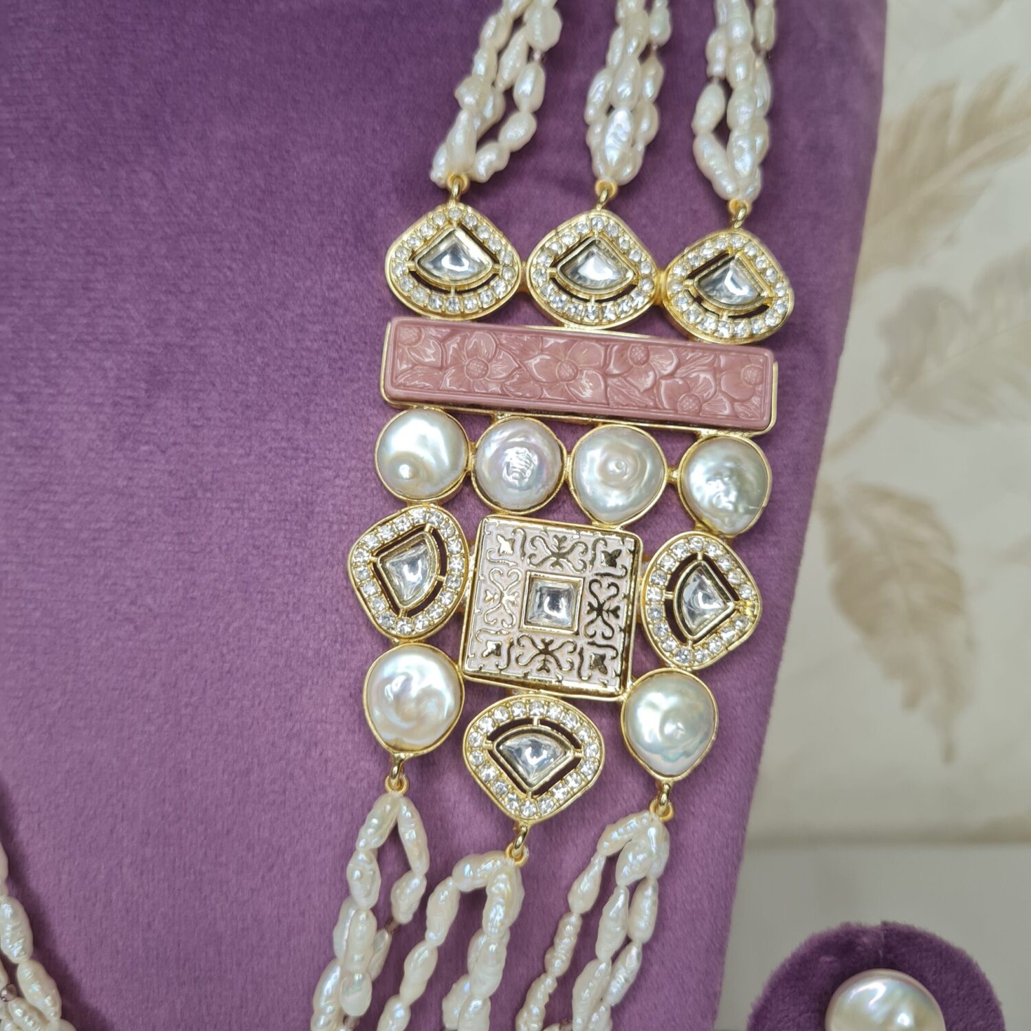 Artistic Multi-Row Thin Baroque Pearl Necklace Set With Fusion Side Pendant - Image 2