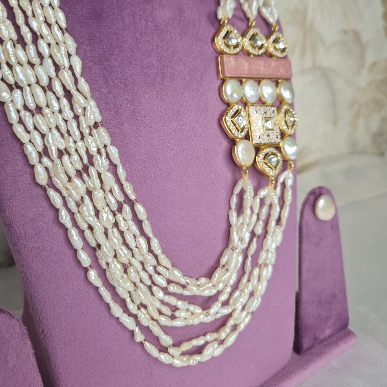 Artistic Multi-Row Thin Baroque Pearl Necklace Set With Fusion Side Pendant - Image 3