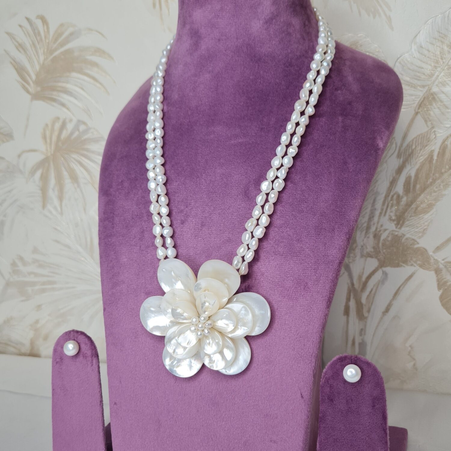 Radiant 2-line White Baroque Pearl Necklace With Mother of Pearl Flower Pendant - Image 2