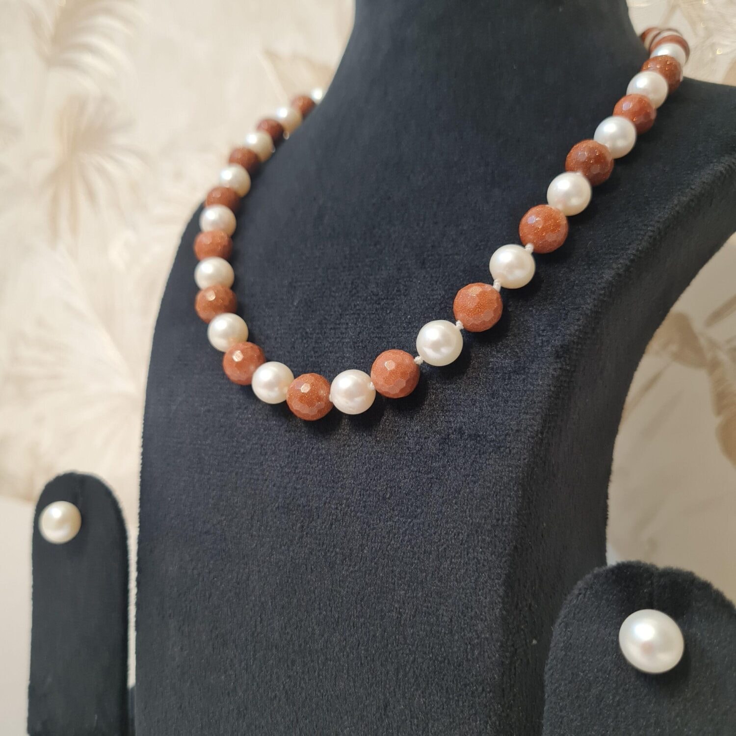 Striking Double Knotted 18 Inch Long Necklace With White Round Pearls & Sandstone Beads - Image 2