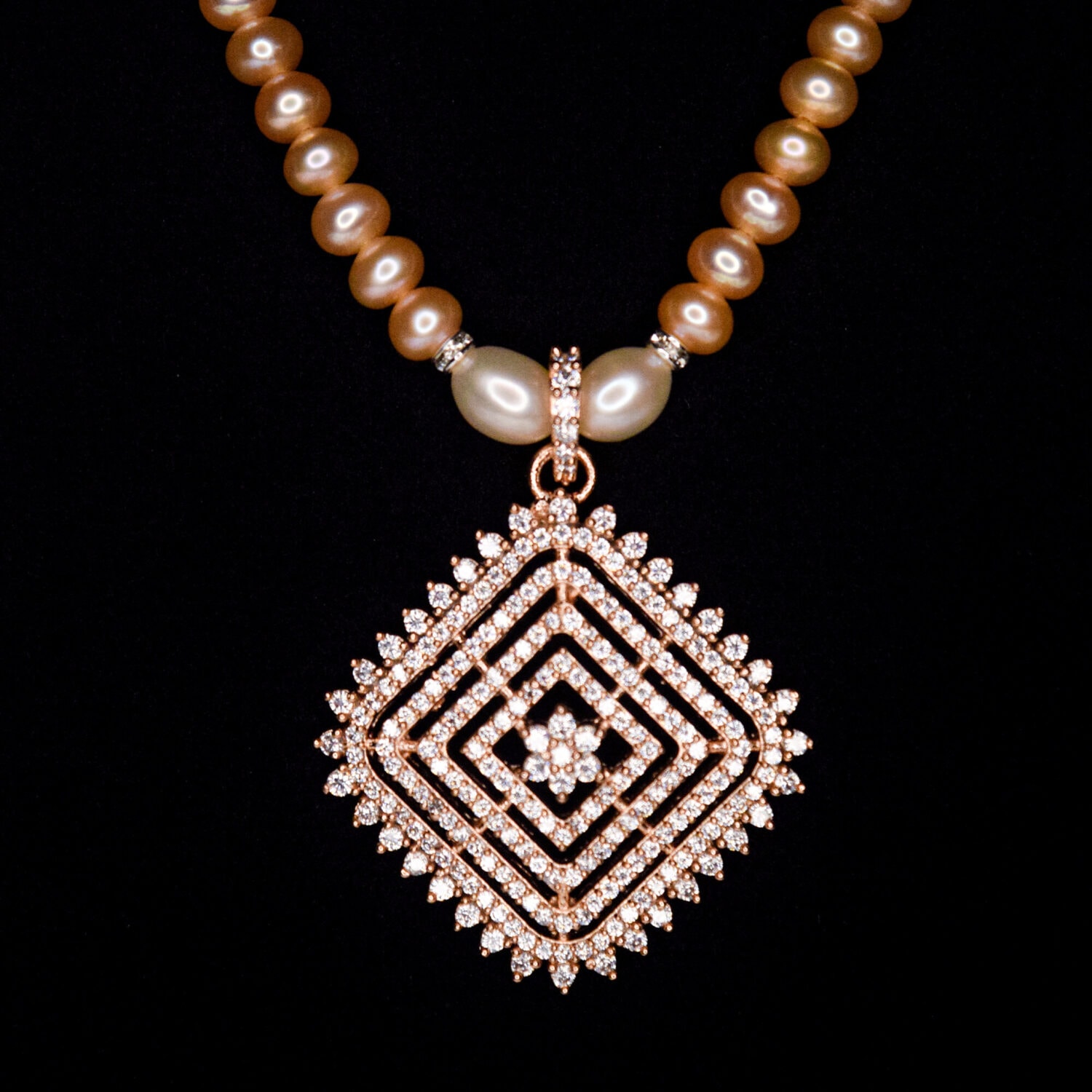 Gleaming Peach Semi-Round Pearl Necklace With Rose Gold Pendant - Image 2