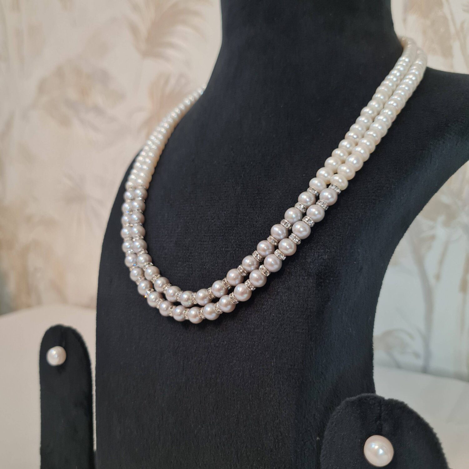 Precious 2Line Necklace Featuring Lustrous White & Grey Pearls With Zircon Spacers - Image 2
