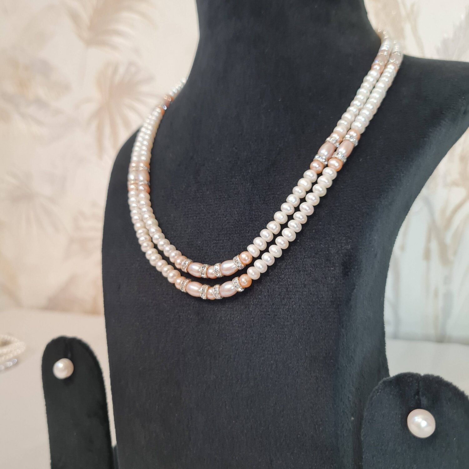 Attractive Two-Row White Semi-Round Pearl Necklace With Peach & Pink Pearls - Image 2