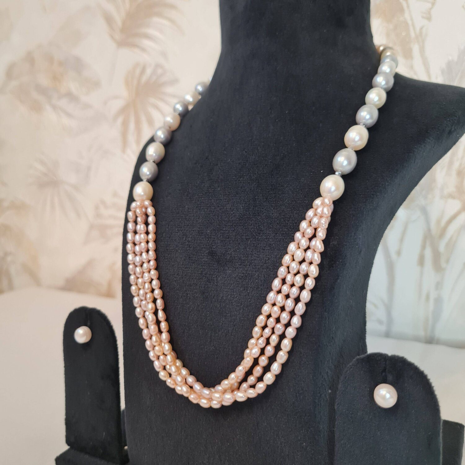 Unique White & Grey Pearl 22Inch Necklace With 3Line Pink Oval Pearls - Image 2