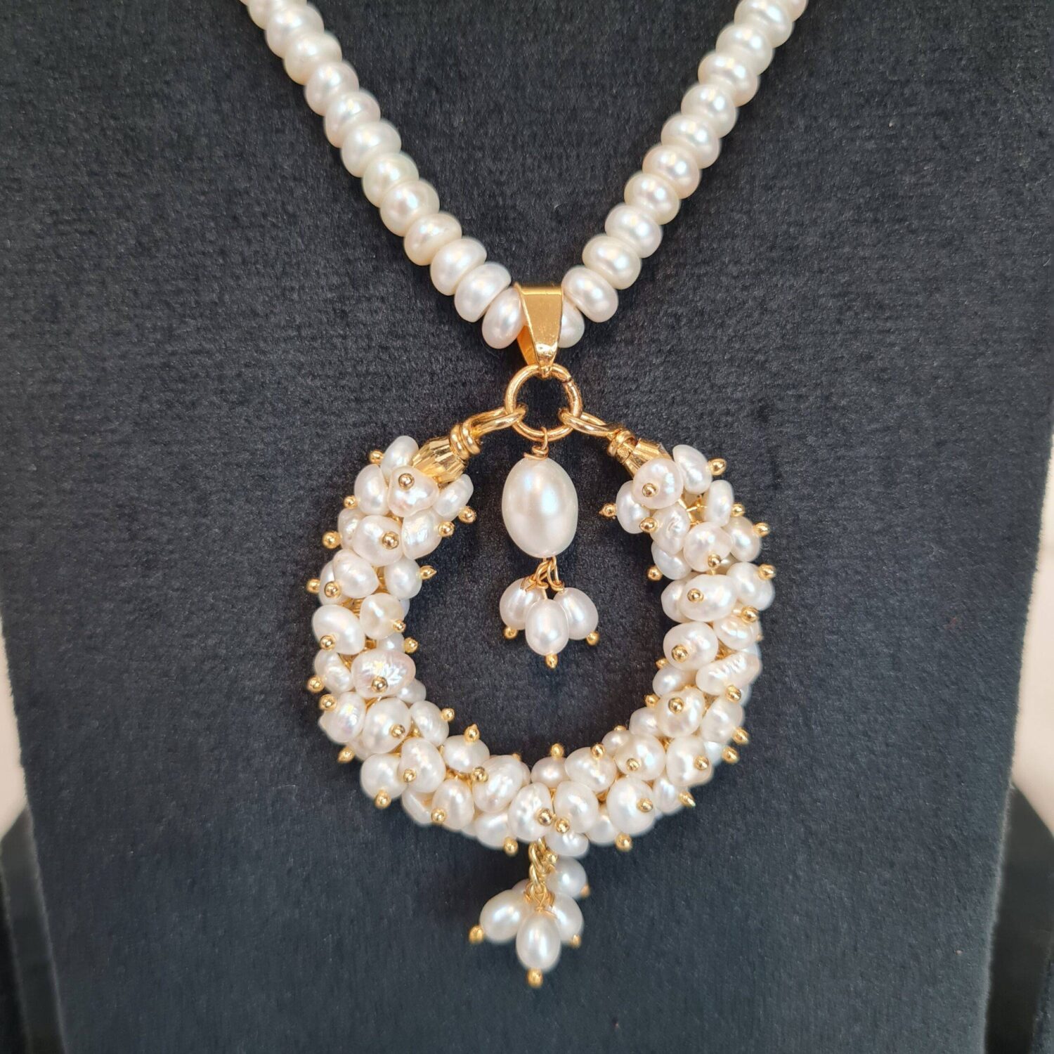 Impeccable 19 Inch Long White Pearls Necklace With Seed Pearls Chand Bali Pendant - Image 2