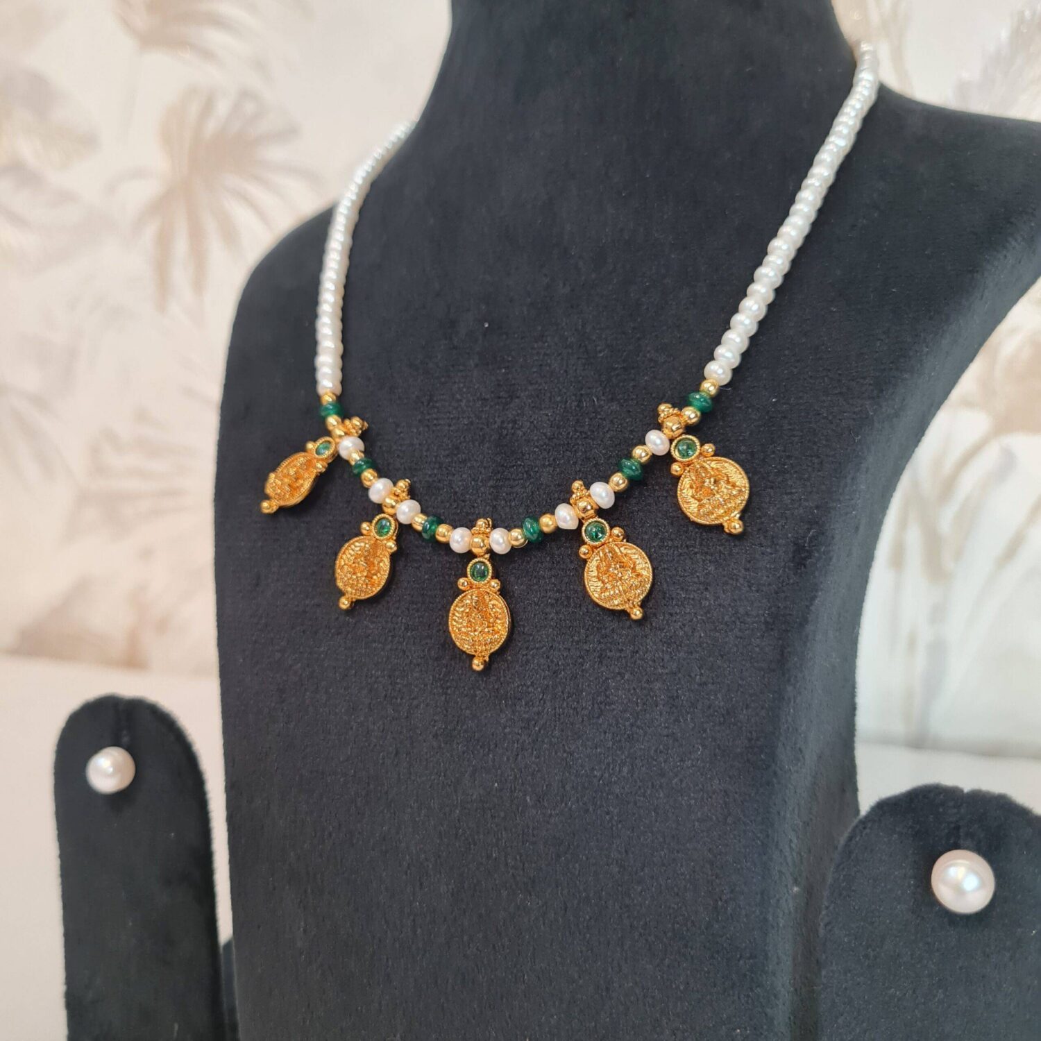 Elegant Semi-Round White Pearls Necklace With Lakshmi Kaasu & SP Emerald Beads - Image 3
