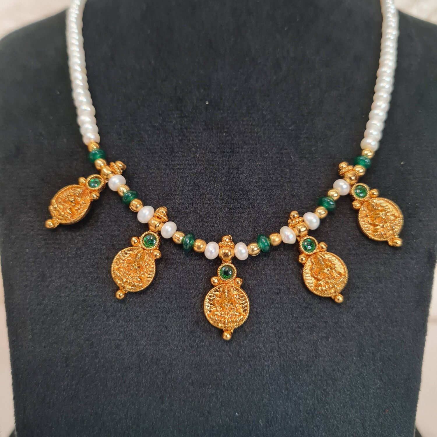 Elegant Semi-Round White Pearls Necklace With Lakshmi Kaasu & SP Emerald Beads - Image 2