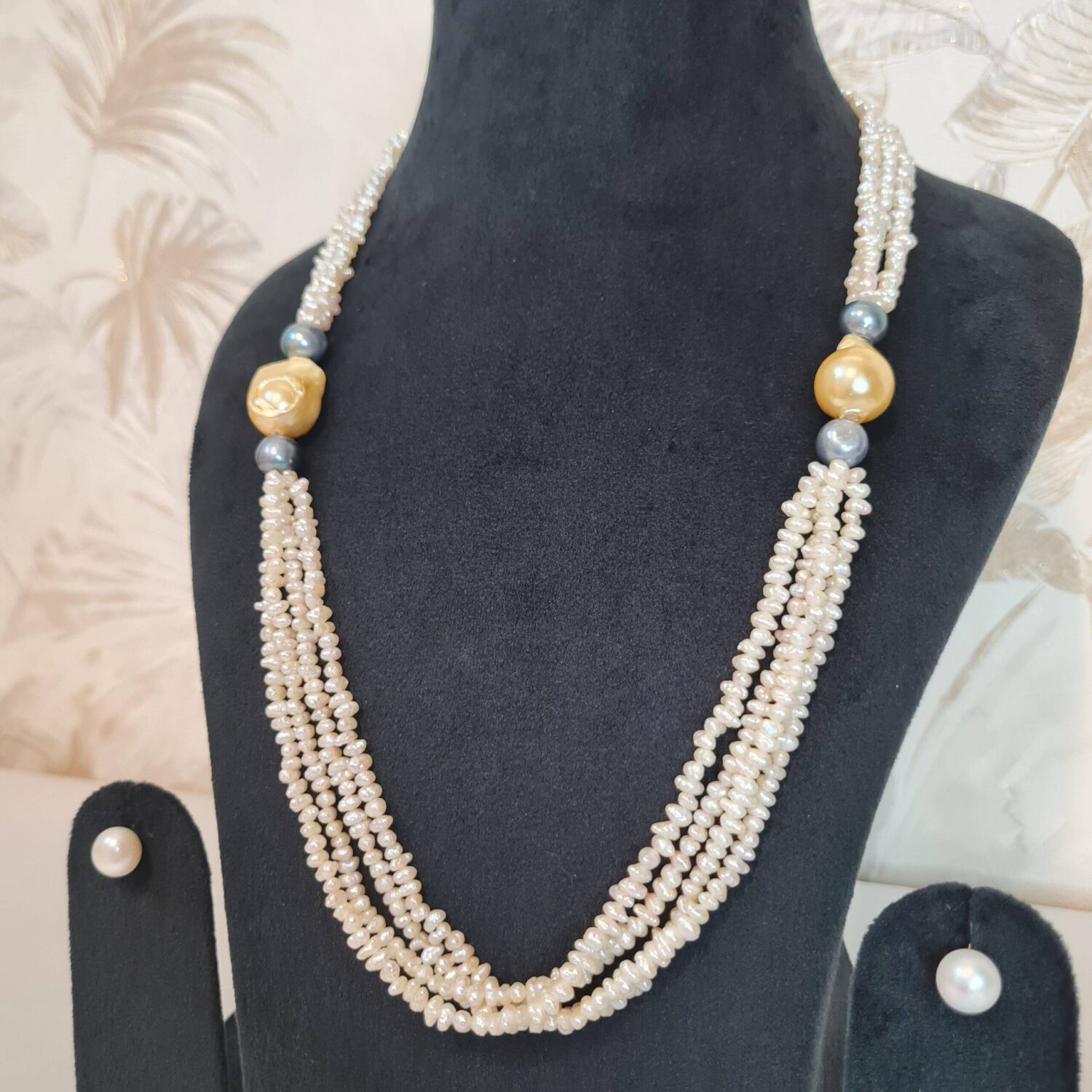 Lustrous 3Line White Baroque Pearl Necklace With Golden & Grey Pearls - Image 2