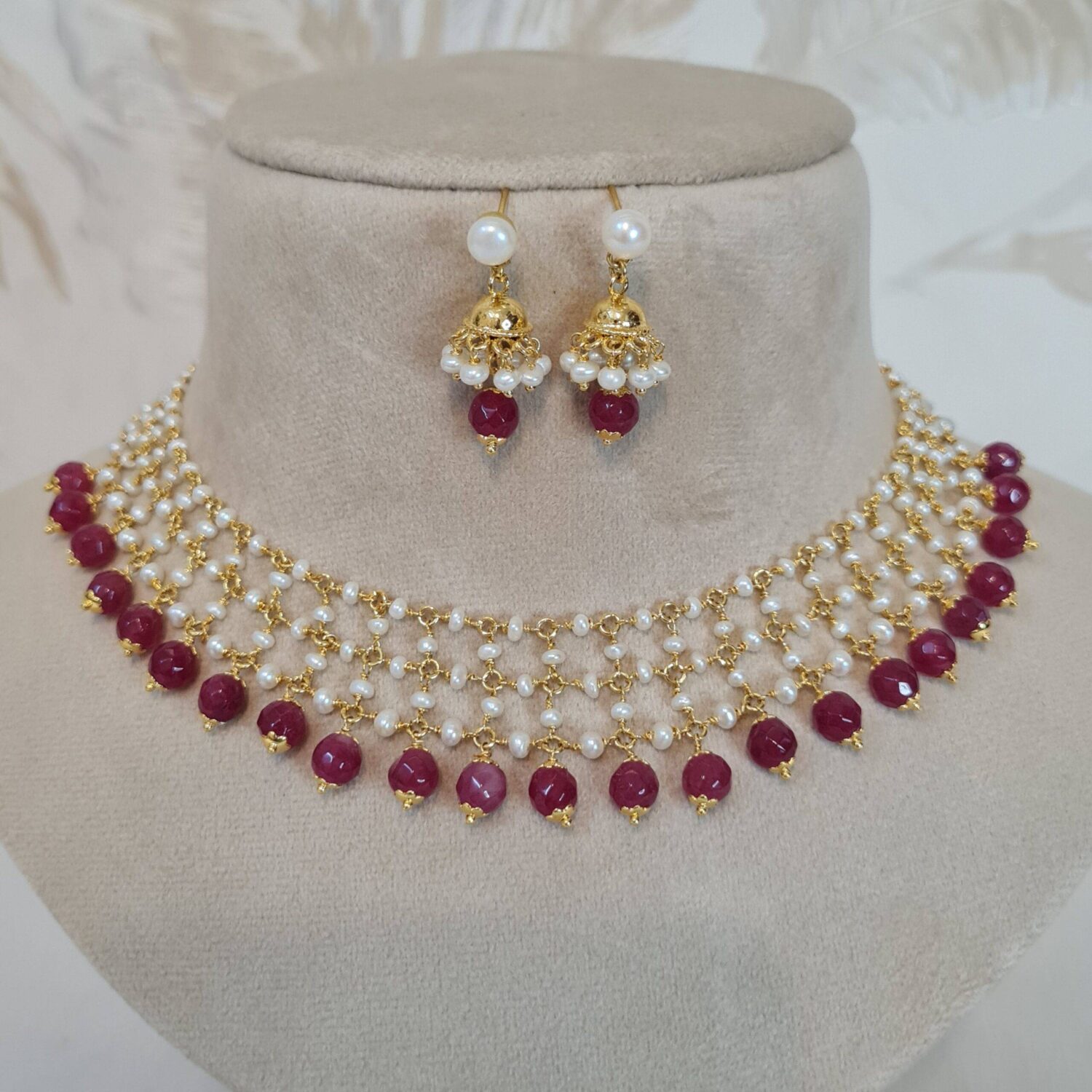 Opulent Lacey Choker With White Seed Pearls & SP Ruby Droplets - Image 2
