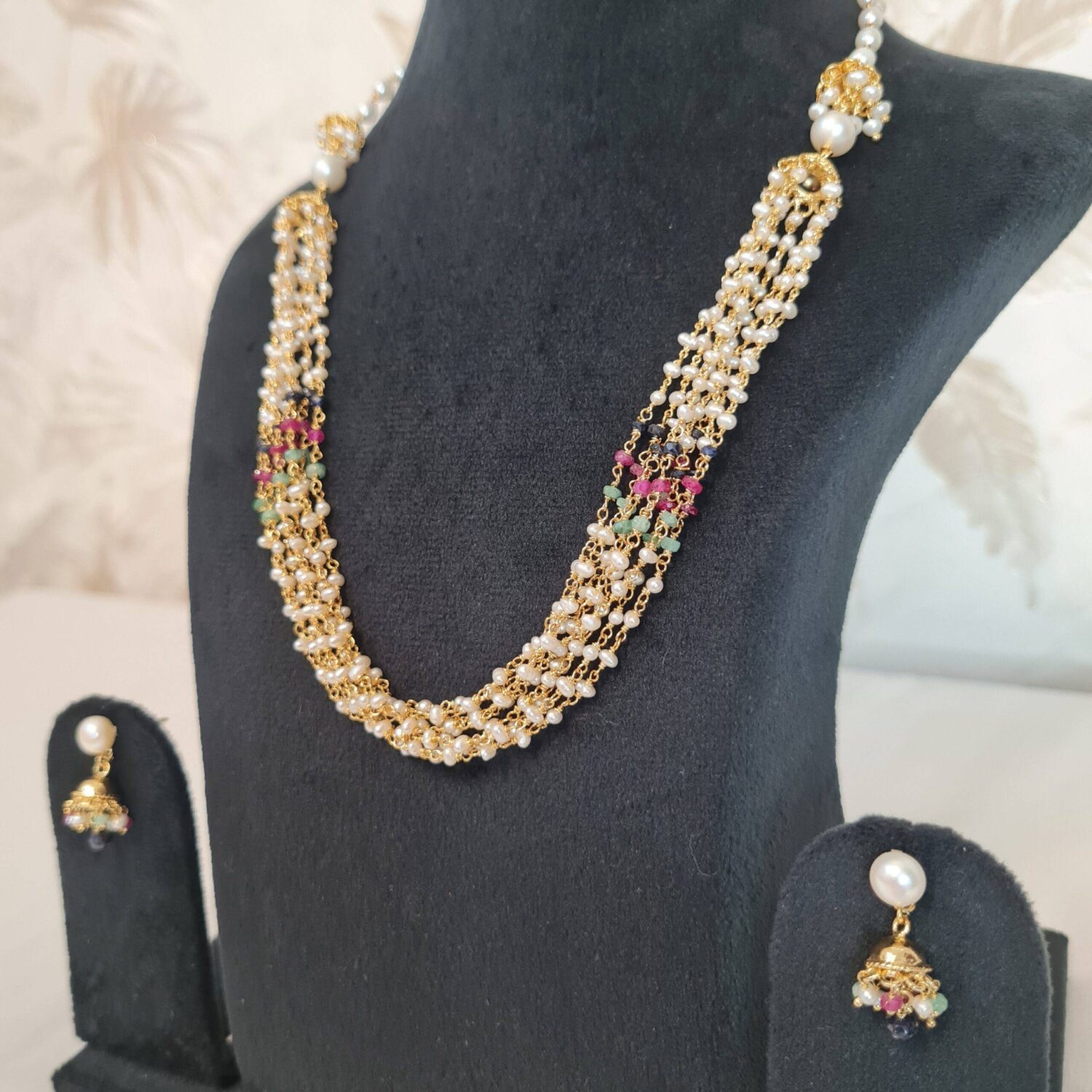 Graceful Taar Mala Necklace With White Seed Pearls & Ruby Emerald Sapphire Beads - Image 2