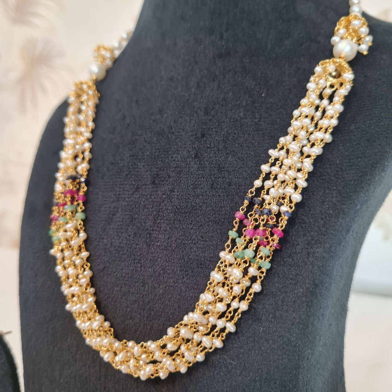 Graceful Taar Mala Necklace With White Seed Pearls & Ruby Emerald Sapphire Beads - Image 3